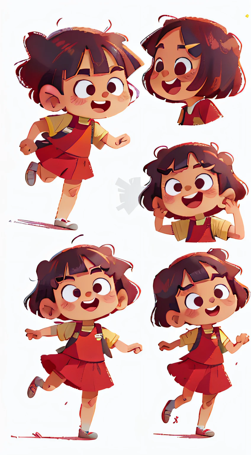 DORA THE EXPLORER, 8k, WHITE background, MULTIPLE happy poses and expression, red cloth, grey shoes