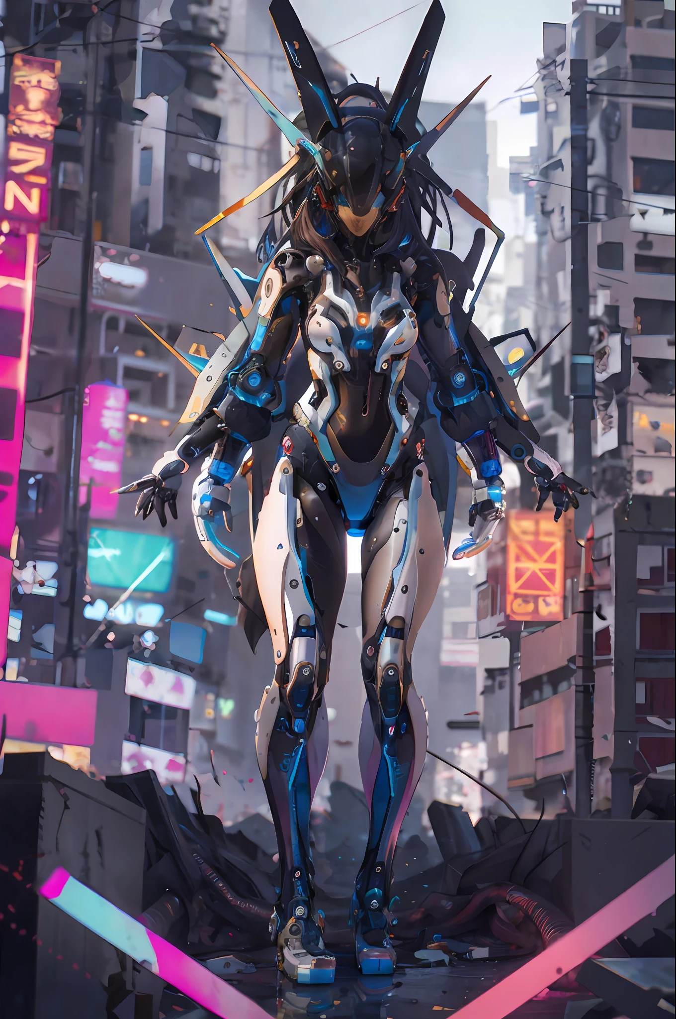absurdres, highres, reflection, refraction:1.4, ultra detailed:1.4, (photorealistic:1.4, ultra high res, RAW photo), [[bokeh, blurry background]] BREAK (Cyberpunk:1.4), ((a cyborg in a cyberhelmet head girl)), solo, full body:1.2, (iridescent white body:1.6), ((machanical limbs)), character focus:1.2 BREAK science fiction, cinematic light, In the dark decaying ruins, ((super wide angle:1.2)), dutch angle, shot from below:1.6 BREAK, [neon lighting, vibrant glow, dynamic colors, striking contrast, futuristic vibe, electric energy, reflective surfaces]