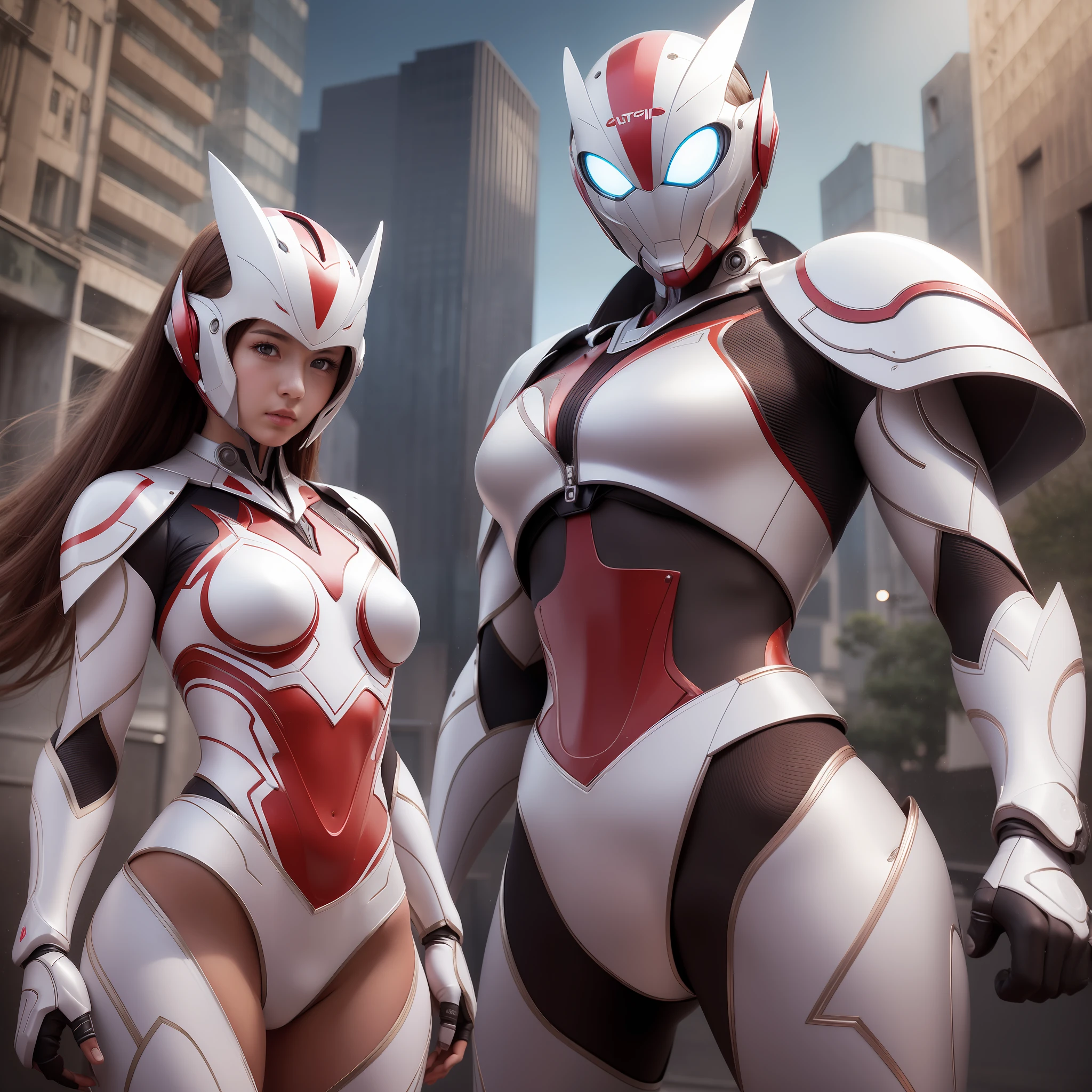 (Best quality), (Masterpiece), Photography, Realistic, (1girl), perfect body, ultraman costume, mecha, stand, cool posing, cinematic light