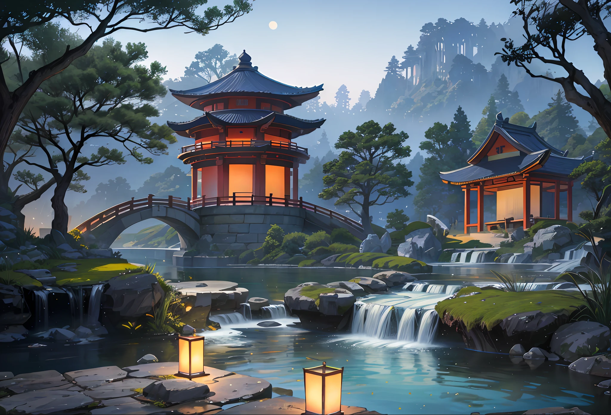 Ancient Chinese architecture, moon, midnight, garden, bamboo, lake, stone bridge, rockery, arch, corner, tree, flowing water, landscape, outdoor, waterfall, meadow, rock, water lily, hot springs, water vapor, (Illustration: 1.0), epic composition, realistic lighting, HD detail, masterpiece, the best quality, (very detailed CG unified 8k wallpaper)