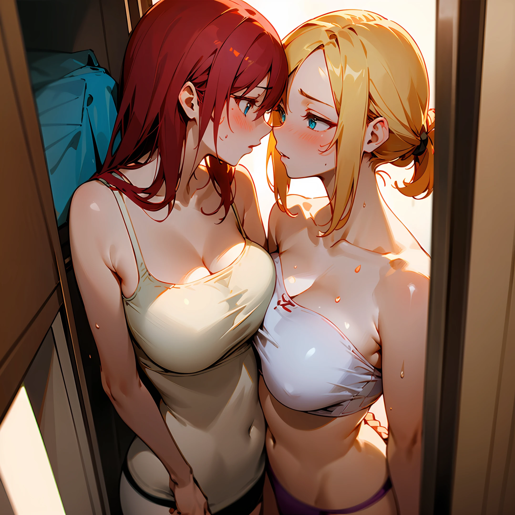 fantastic realism, bokeh, ultra detailed, 2girls facing each other, chest against chest, red head and blond girl, underwear, indoors, narrow storage room, detailed background, sweaty, big breasts