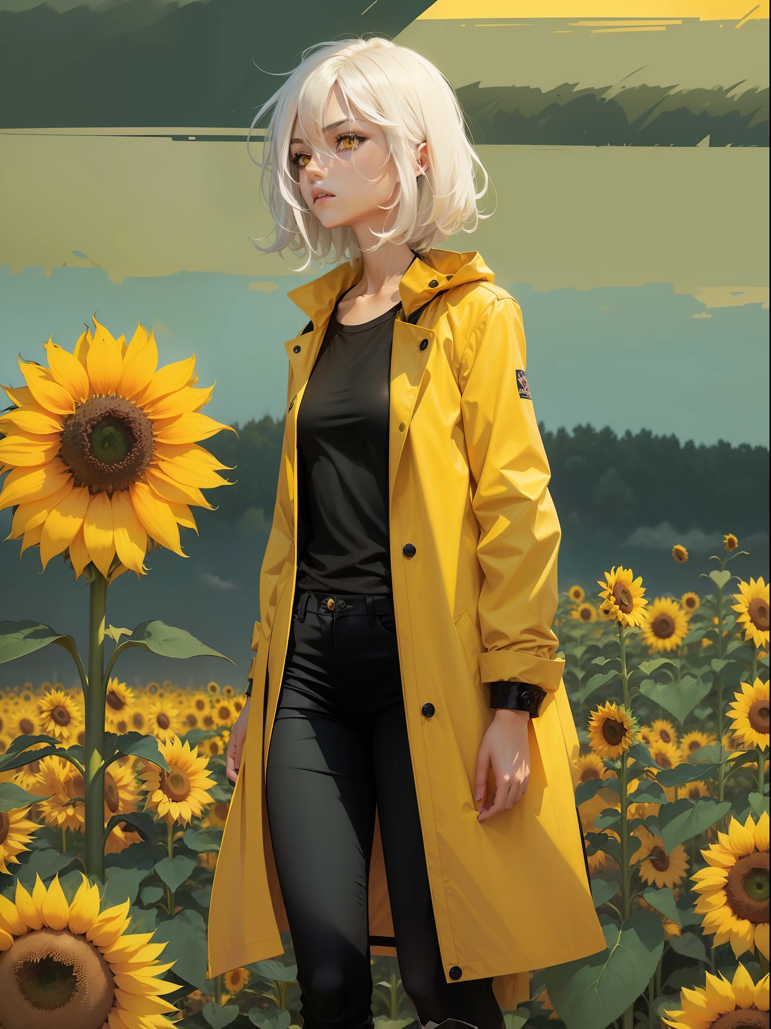 (full body) female character, teenager with yellow eyes, straight white hair short at shoulder length, thin, light skin, wearing a killer yellow overcoat, (black T-shirt with no print), (black pants without details, all black) ( in the background a beautiful sunflower field) a black cat, art printed in comic book