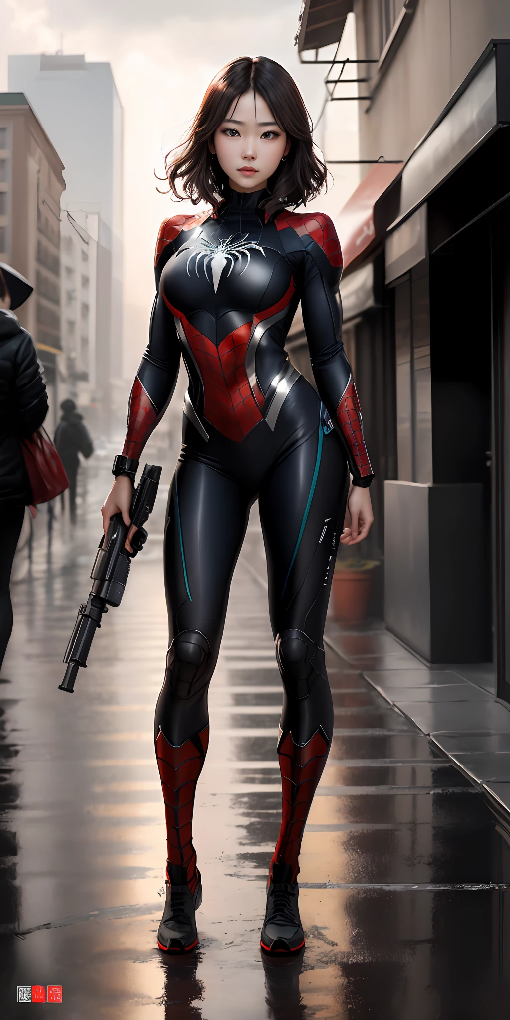 ChineseGirl(1girll:1.3), (holding a gun in her hand:1.8),The gun is complete,byself, (((very vey very detailed face))),(((very detailed eyes and faces))),(Beautiful and cold face:1.2),Revenge emoticon,short detailed hair(black in color:1.3),tightsuit,(Muscle lines are pronounced),beatiful detailed eyes,Body parts__,offcial art,Unified 8k wallpaper,ultra - detailed,Beautiful and beautiful,big breasts beautiful,tmasterpiece,best qualtiy,primitive,tmasterpiece,ultra fine photos,best qualtiy,超高分辨率,photorealistic realism,rays of sunshine(The background is sunlight),full-body portraits(Raised sexy:1.3),stunningly beautiful,dynamicposes,delicated face,Vibrant eyes,(From the front side), she is in a spider-man suit,Red and black color scheme,Very detailed city roof background, 详细的脸(Side lighting:1.2),Busy street background,opulent,milkyW,(((Absolutely perfect body proportions))),highly detailedskin,Realistic details of skin,Visible pores,Clear focus,volume fog,Rained,Drenched,8K UHD,digital SLR camera,high qulity,filmgrain,White skin of the(Delicate and smooth:1.2),Highlight portrait,Portrait magnification,photorealestic,photo-realism,heroism,(Full body appearance:1.3)