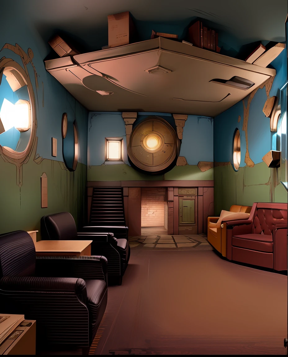 there is a room with a giant head on the wall, books cave, fantasy themed, kids place, in a candy land style house, set in bank vault room, picture inside covens den, conversation pit, ager hangout spot, underground room, waiting room, storybook style, set inside of the bank, alice in wonderland theme, an escape room in a small waiting room in the 80's