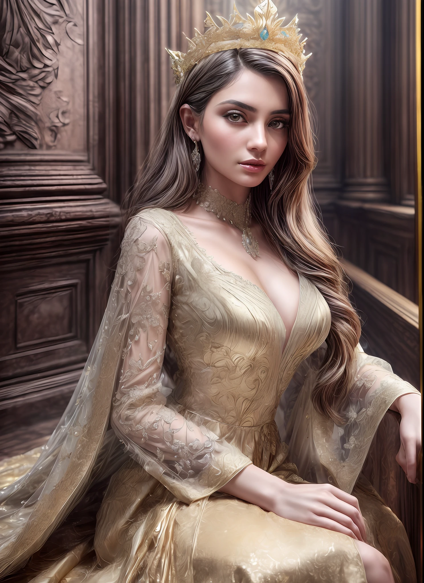 A princess in a long gold silk dress with intricate sowing designs, soft blue eyes and an eligant crown, (RAW, analogue, Nikon Z 14mm ultra-wide angle lens, award-winning glamour photograph, ((best quality)), ((masterpiece)), ((realistic)), tessellation, ambient occlusion, ray-tracing, subsurface scattering, radiant light rays, high-res, detailed facial features, high detail, sharp focus, smooth, aesthetic, extremely detailed, (extremely detailed eyes, extremely detailed iris), extremely detailed hair, extremely detailed skin, extremely detailed clothes, octane render, photorealistic, realistic, post-processing, max detail, realistic shadows, roughness, natural skin texture, real life, ultra-realistic, photorealism, photography, 8k UHD, photography, hdr, intricate, elegant, highly detailed, sharp focus, stunning, beautiful, gorgeous), 8k, intricate, elegant, highly detailed, majestic, digital photography, (masterpiece, sidelighting, finely detailed beautiful eyes: 1.2), HDR, wide angle camera, full portrait, full body