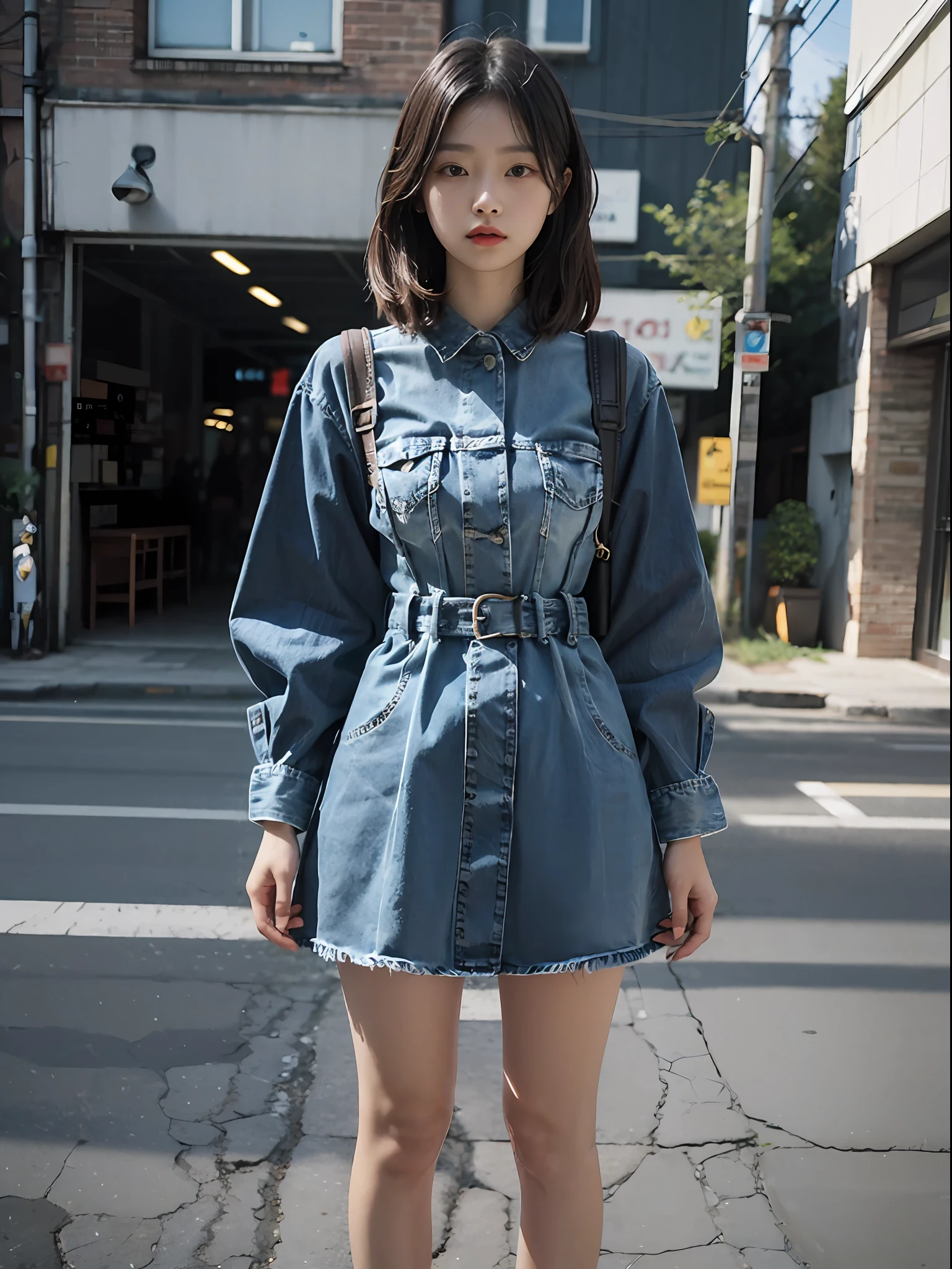 A girl standing on the side of the road in a specially shaped denim dress