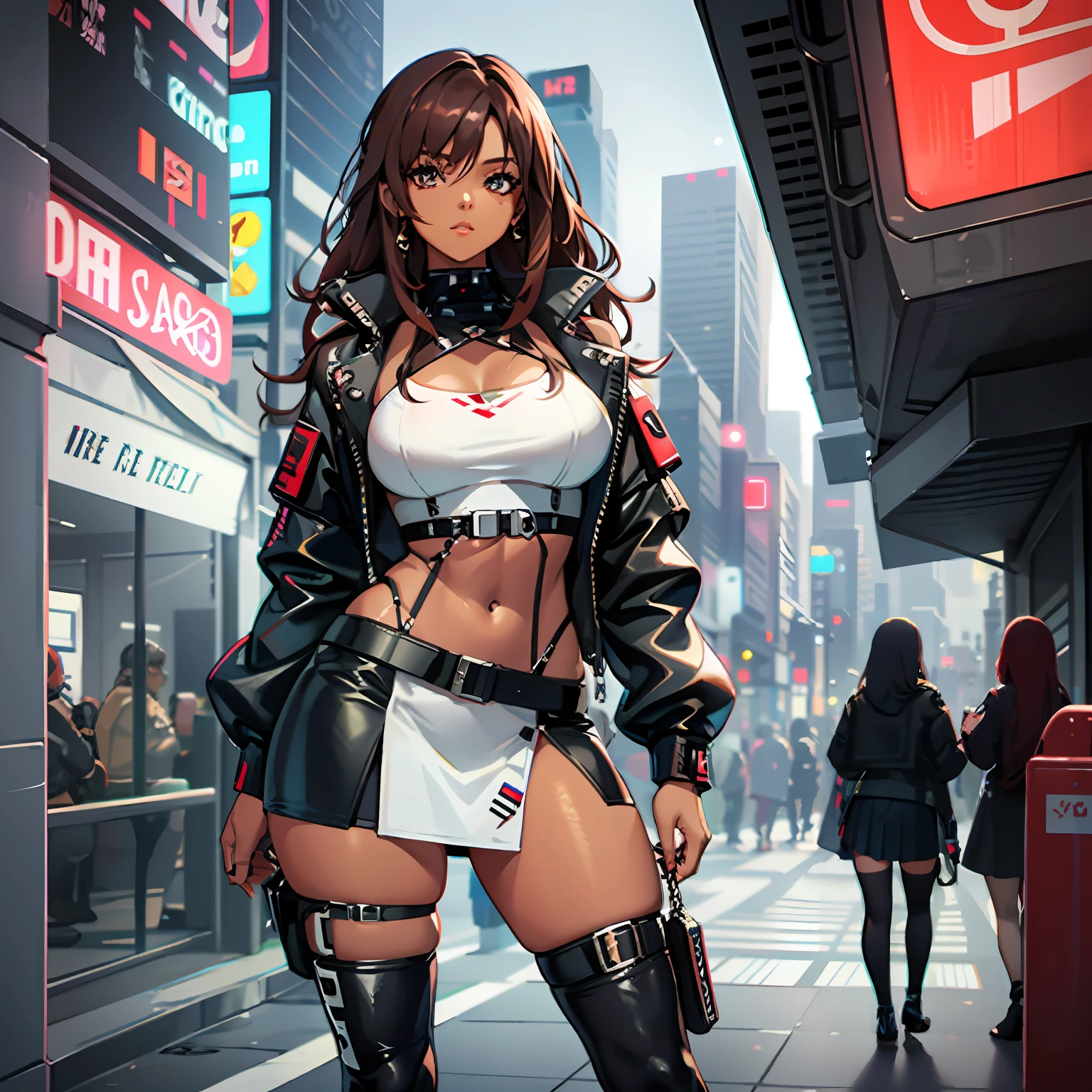 full body reference, fullbody shot, zoom out, female character with chocolate brown skin and ginger red hair, she has long wavy hair that is ginger red, she has grey colored eyes, she looks mature and older, she is wearing a cyberpunk skirt with thigh high stockings, she is also wearing a crop top and short jacket, she is wearing silver jewelry, she has brown skin, deep brown skin, cyberpunk aesthetic, cyberpunk, techware, skirt, fashion, lots of straps on the outfit, futuristic outfit, sexy, female cyberpunk anime black girl, cyberpunk 3 0 y. o model girl