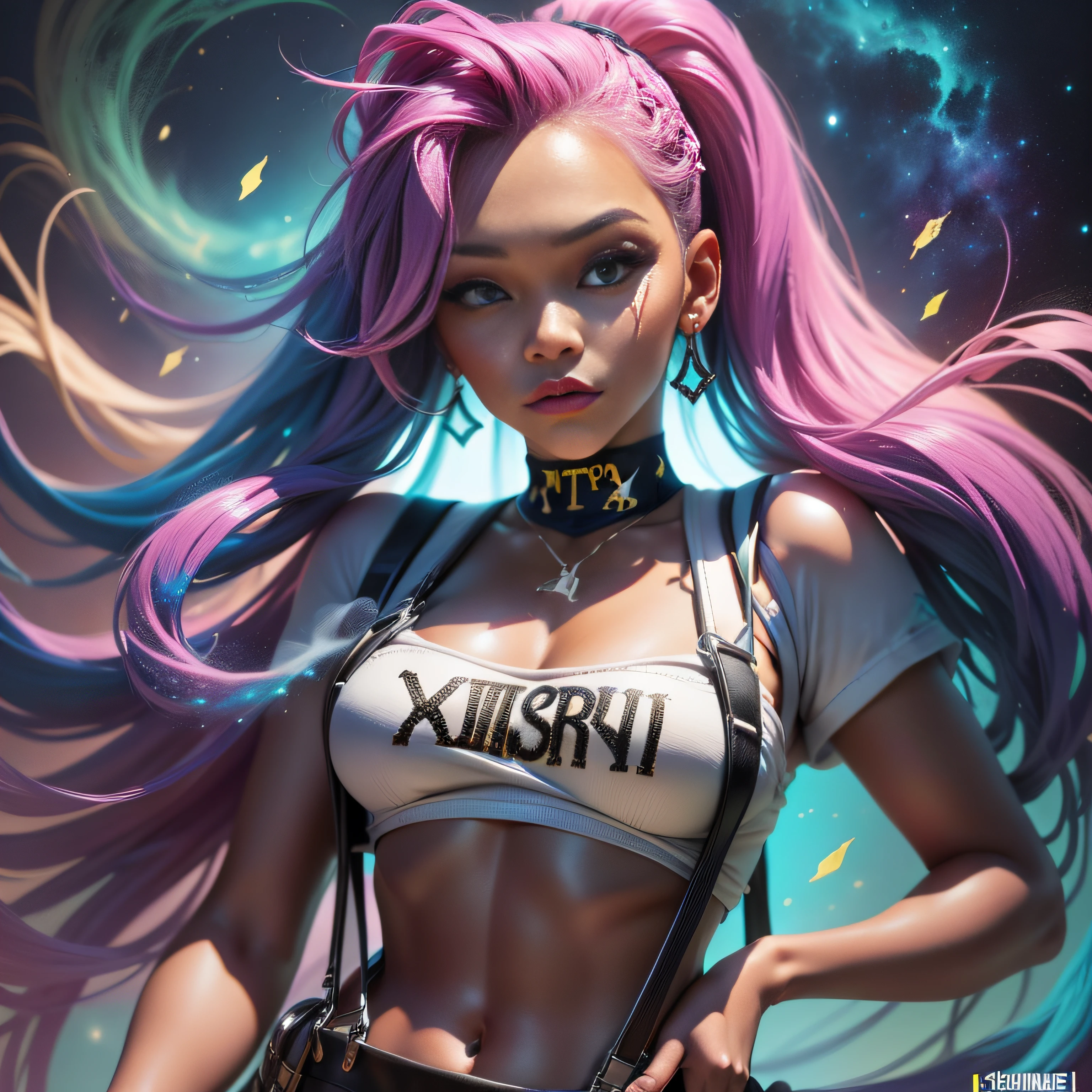 18 year old female with dark skin, Braided 3 different colors neon Pink and Neon Green, contrasting color hair, white overalls, (overall suspenders:1.5), (Retro Air Jordan 11 Taxi sneakers:1.5), seductive look, Bioluminescent, City Girls, looking at camera, chubby, 1girl:1.2, body covered in Diamonds and Jewelry A Centerfold named Shauntice, Mixed Race instagram Biracial Ethnic Caremel skin-Mode:1.2, Streetwear Hypebeast supreme:1.3 \(brand\), words on body:1.1, Instagram Braid Artist instagram Hair stylist (1girl), 2 colored hair, (Nebula smoke behind head and eyes Ethereal:1.2, , Alberto Seveso, fantasy art:1.1, ((Fantasy background)) , long smoke hair:1.2, outdoors, aestheticism), (goosebumps:0.5), subsurface scattering, (masterpiece, top quality, best quality, official art, beautiful and aesthetic:1.2), extreme detailed, colorful, highest detailed