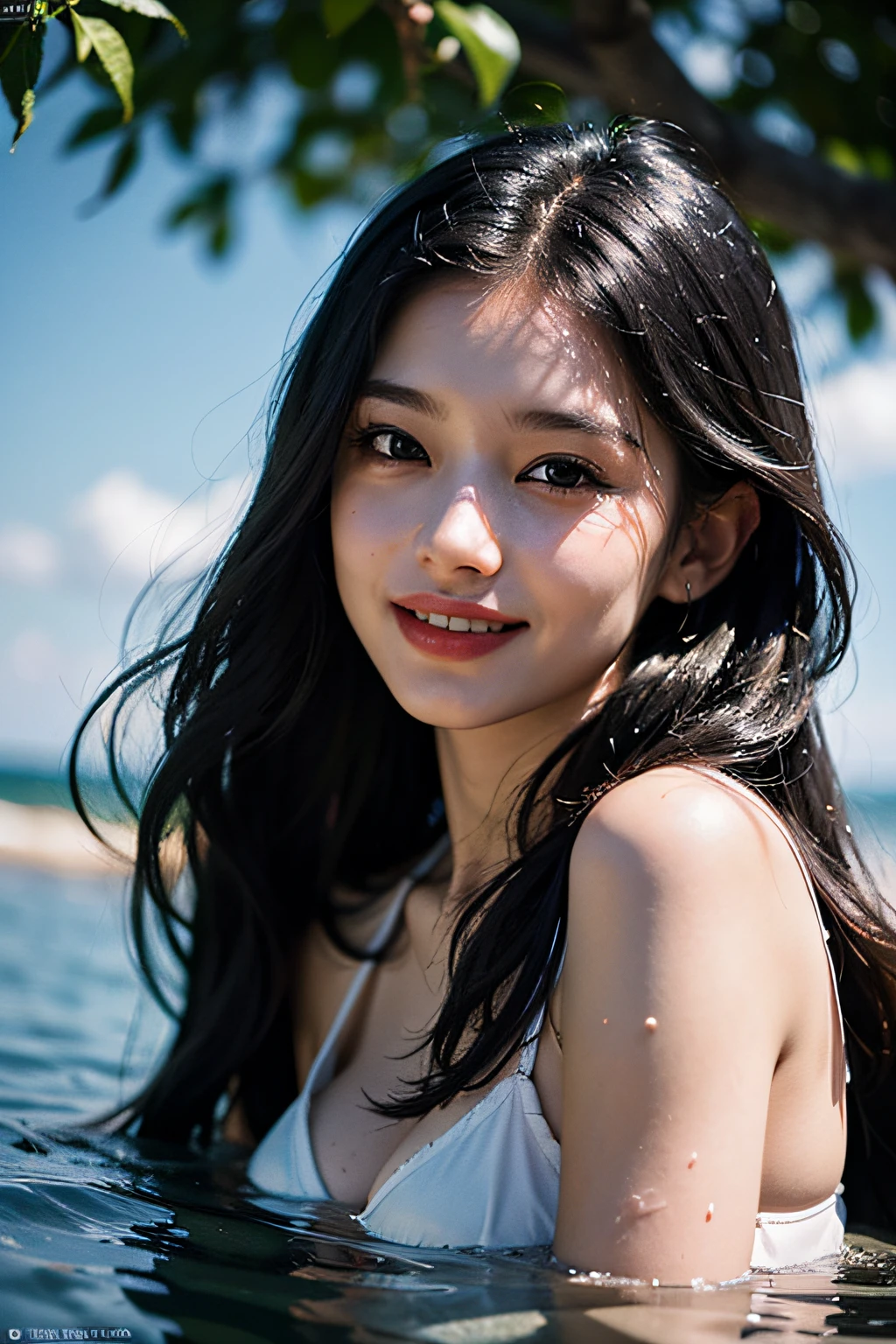 (in 8K、 Raw photography、top-quality,、hight resolution),、(hyper realisitic)、(realisitic),、Soft light、、girl with、Lifelike face、Realistic body、real looking skin、absurderes、masterpiece、Cuties、独奏、Innocent eyes、blusher、Cinema Lights、cherry colored lips、The hair 、a closeup、looking at viewert、 Open lips,、Upper teeth,、(Smiling eyes:0.6)、eyes focus、professionally lit、CG Social Trends、Plastic En、((Black Long Hair))、((Beautuful Women))、(A smile)、Fashionable、(A sexy)、Hair that flutters in the wind、((Flowing hair))、Happy -、fashion magazine、((lighting like a movie))、the woods、((blue-sky))、((playing in the water))、Glitter、