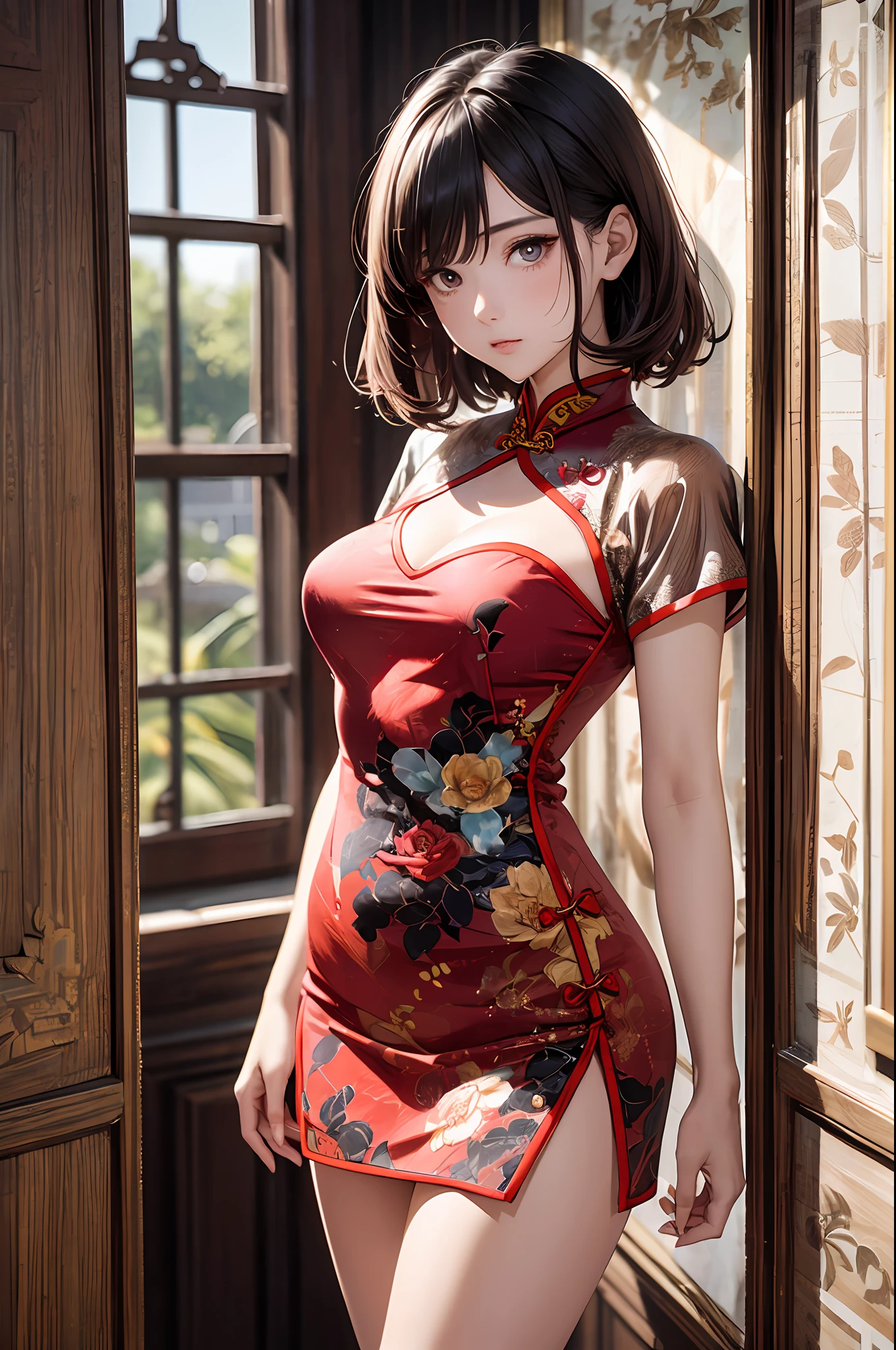 1girl in, (((shorth hair))), Bright cheongsam, Longer dress、(masterpiece, top-quality, Near and far law), beautiful expression, 8K, Raw foto, nffsw, Photorealsitic, film grains, chromatic abberation, hight resolution, ultra-detailliert, finely detail, 动态照明, Dramatic Lighting、shadowy、extremely detailed eye and face、Round pupils、Beautiful legs、Beautiful feet、Standing、Luxurious room