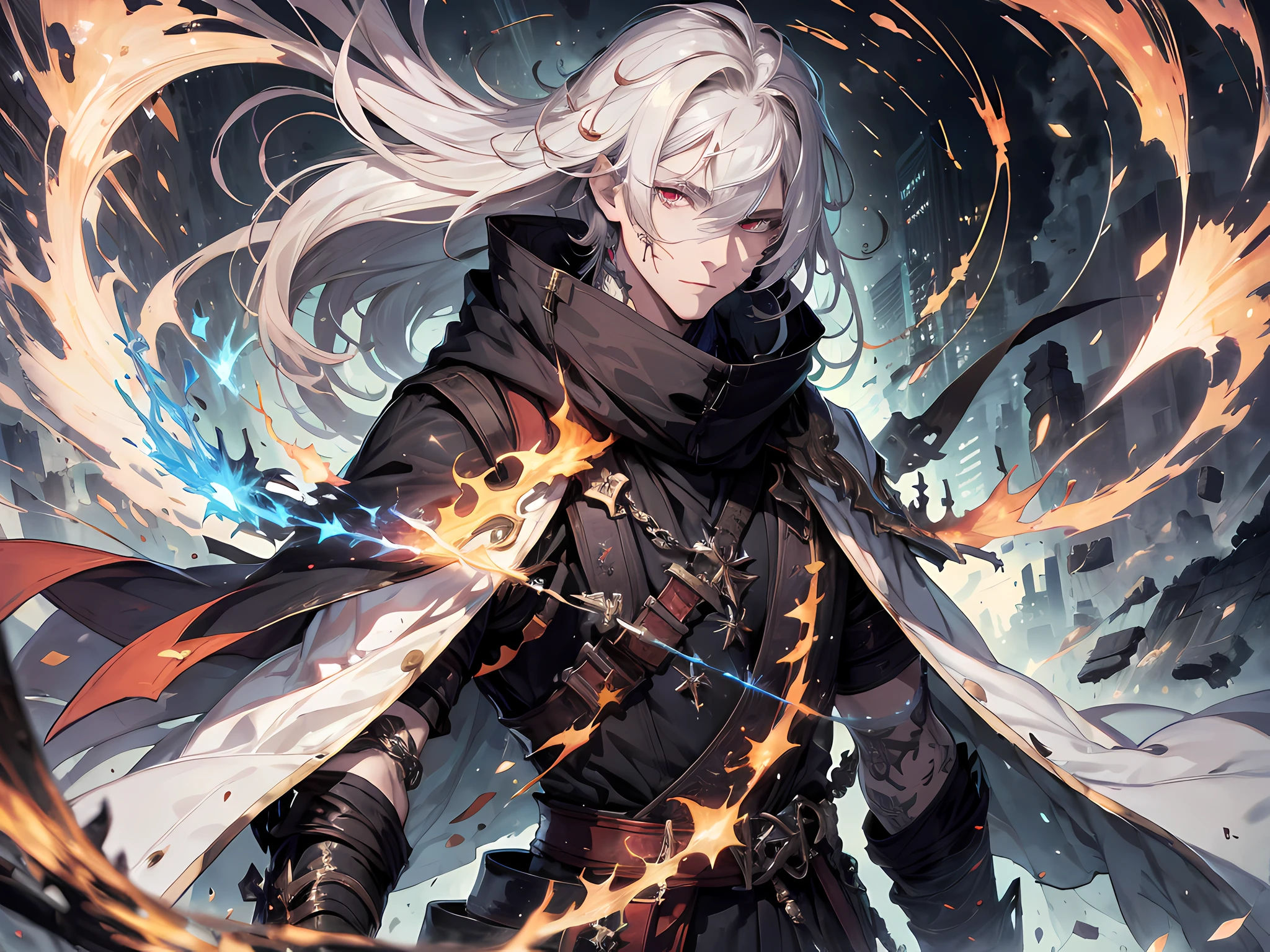 (absurdres, highres, ultra detailed), masterpiece, best quality, solo, a boy with white long hair holding a dual-swords, red and white robe, handsome, finely eye, detailed eye, vibrant red eyes, detailed face, black scarf, bare chest, carry two swords, dual-swords, a swords surround by flame, tattoo, from below, look down, ruined city, dark background, swirl, spark