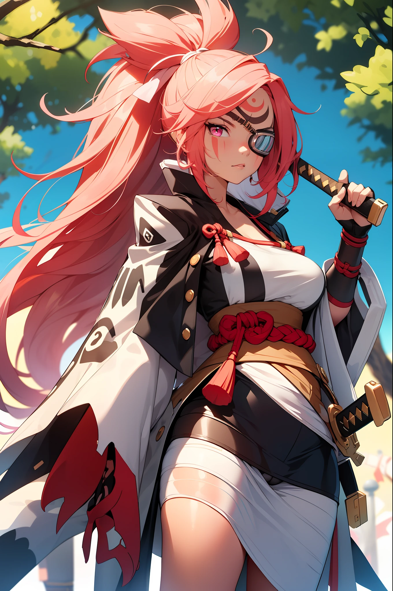 (masterpiece, best quality:1.2), cowboy shot, solo, 1girl, baiken, amputee, serious, ((Hold a samurai sword )) closed mouth, looking at viewer, ponytail, eyepatch, multicolored clothes, open clothes, japanese clothes, kimono, large breasts ,( background Pink willow tree)