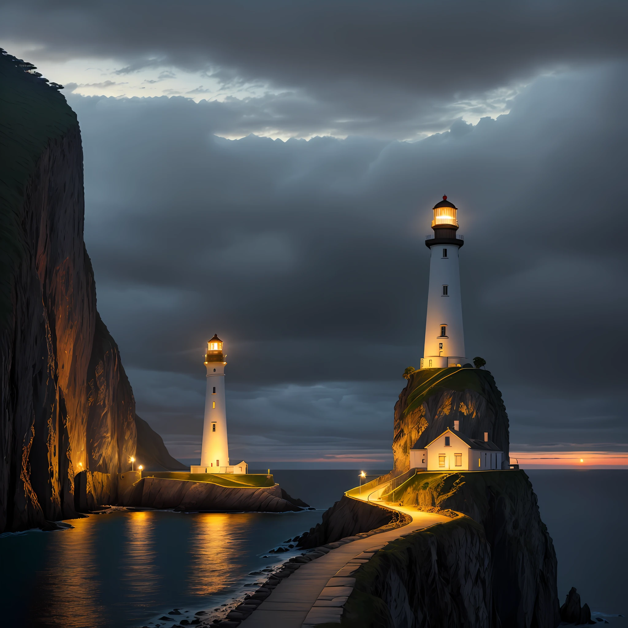 (masterpiece),(bestquality:1.0), (ultra highres:1.0), detailed illustration, 10, A lighthouse lit up at dusk on the edge of a beautiful high cliff., Trnkilo Day, with boats on shore and with a remote frame., Displays the depth of the sea.