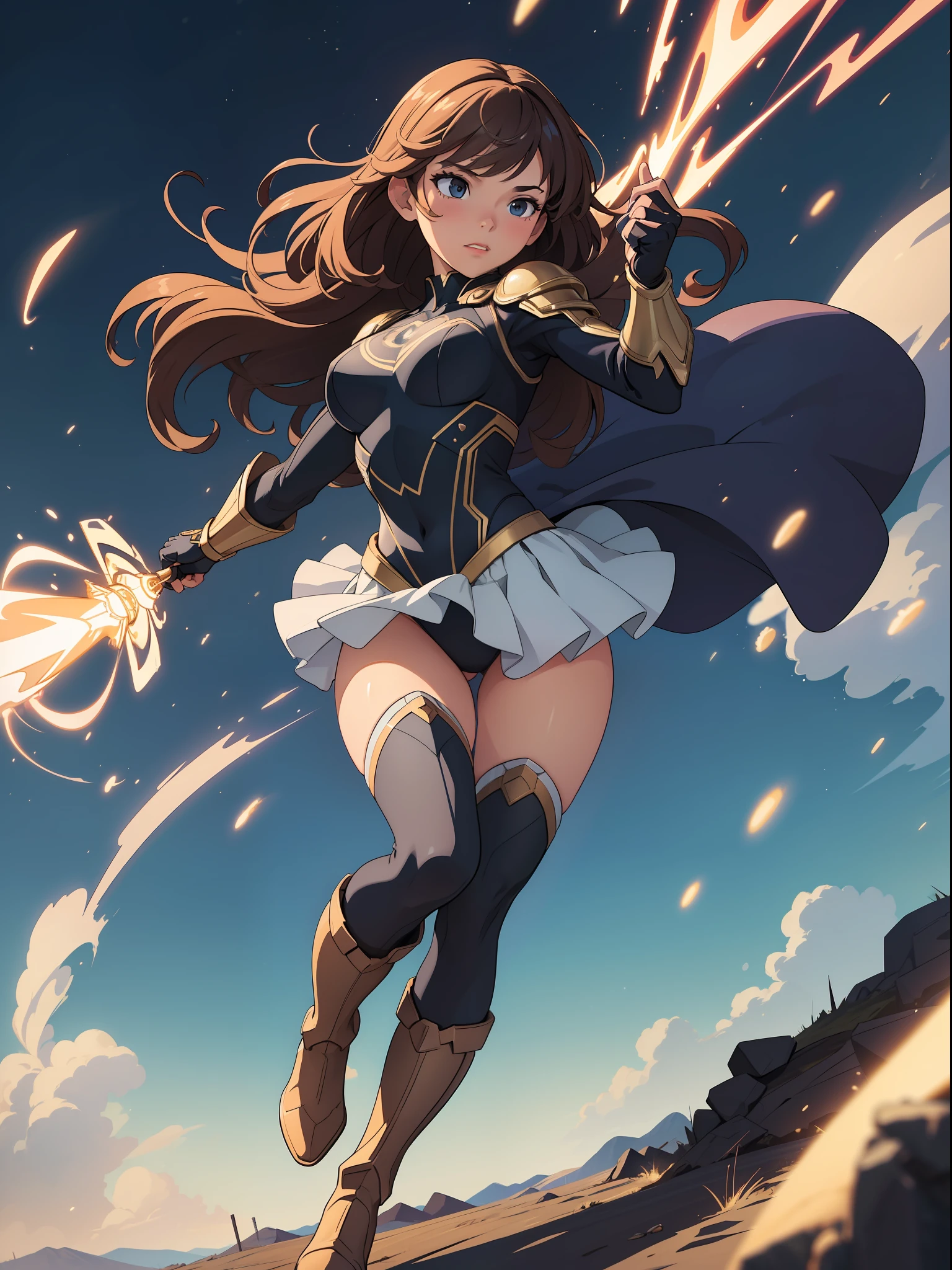 (masterpiece), best quality, highly detailed, detailed background, cinematic lighting, outdoor, 1girl, medium hair, medium breasts, leotard, bare legs, match boots, gloves, light particles, wind particles, wind swirls, superhero, twirl, powering up, spinning tornado, light swirls, aura