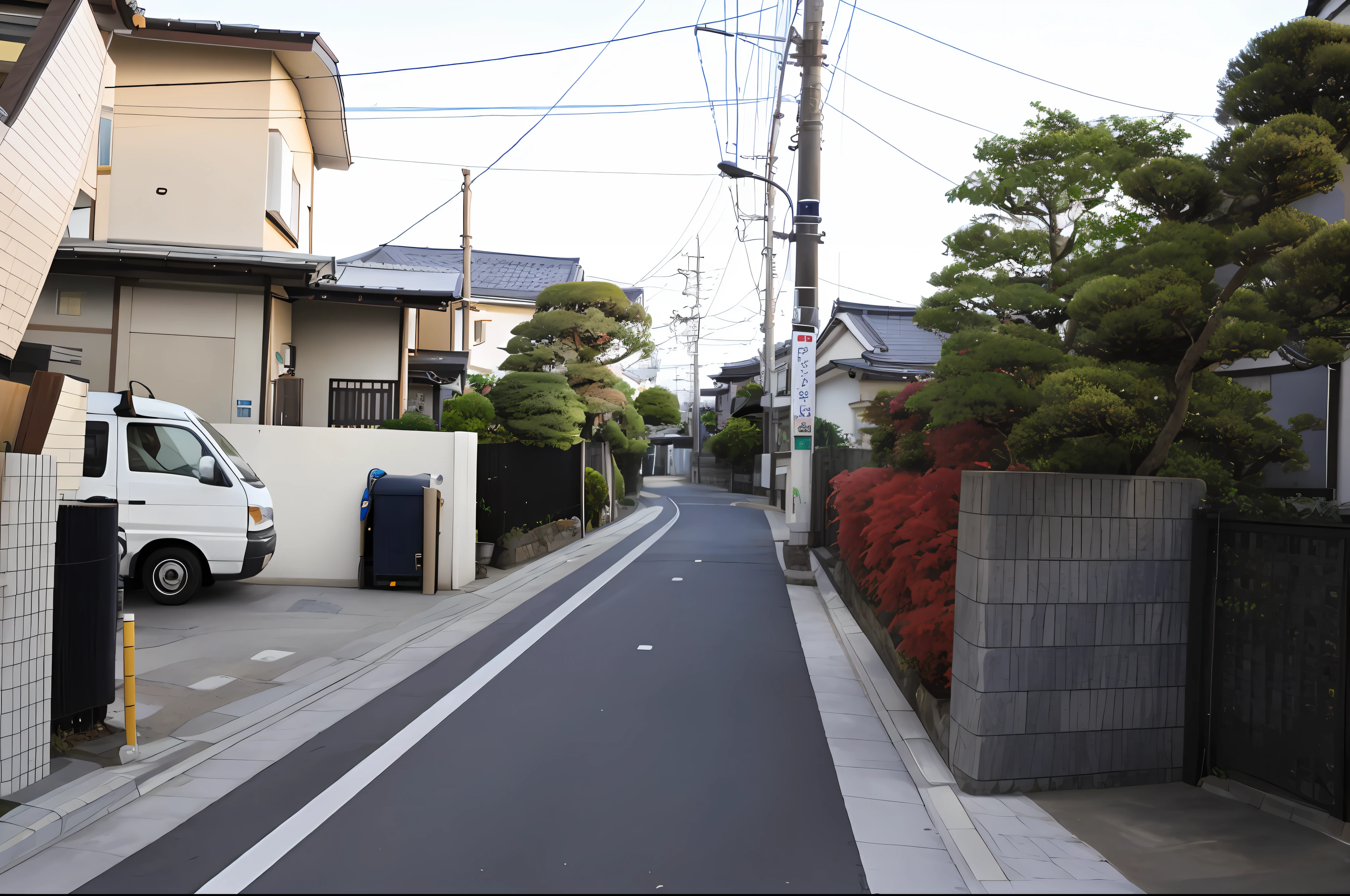 there is a white van parked on the side of the road, residential area, single street, japanese street, japanese neighborhood, sloped street, quiet street, iwakura, garden road, prefecture streets, empty street, by Sengai, photograph of the city street, shin-hanga, shin - hanga, yoshiku, iwakura lain,best quality,masterpiece,Plants are faithful