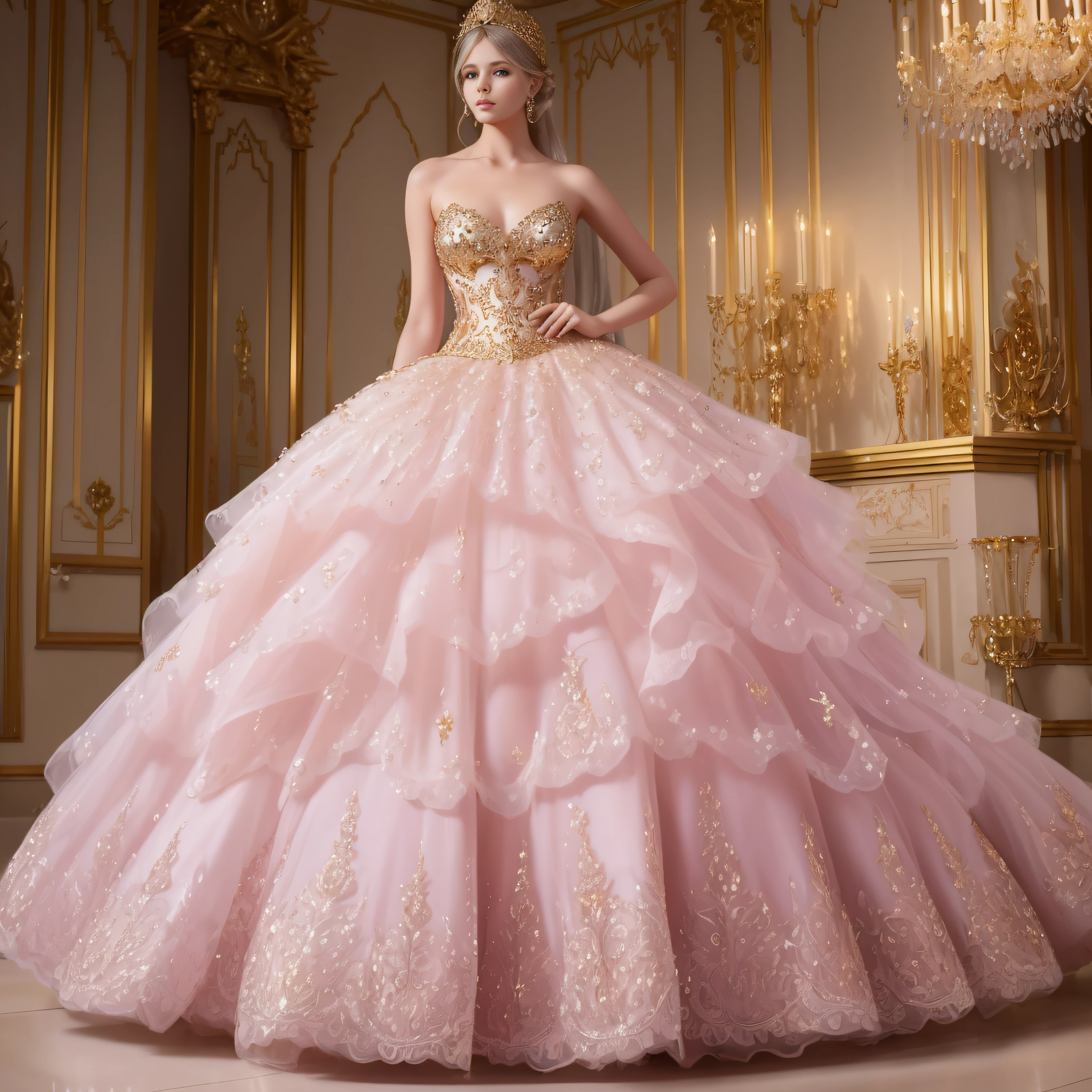 a hyper realistic photograph of a girl standing wearing a majestic light beige and gold ball gown dress, big beautiful dress, intricate puffy ball gown with lots of ruffles and rhinestones (Best quality, masterpiece, ArtStation, Fantasy Art:1.2), a palace room, a beautiful cute girl, (long white hair:1.1), (intricate short gold skirt, bare legs:1.2, full body shot)