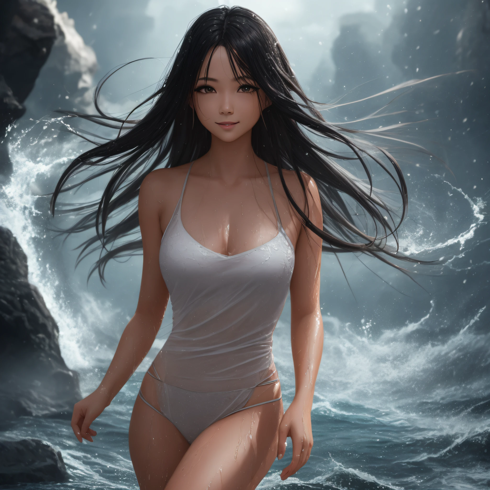 black hair, longeyelashes, wet hair, shiny hair, very long hair, mole under eye, parted lips, light blush, seductive smile, solo person, showing whole body, long leges, standing on your feet, high detail, cinematic lighting, film grain, modern, 8k, super detail, ccurate, best quality, UHD, masterpiece, textured skin, highres, 8k --auto
