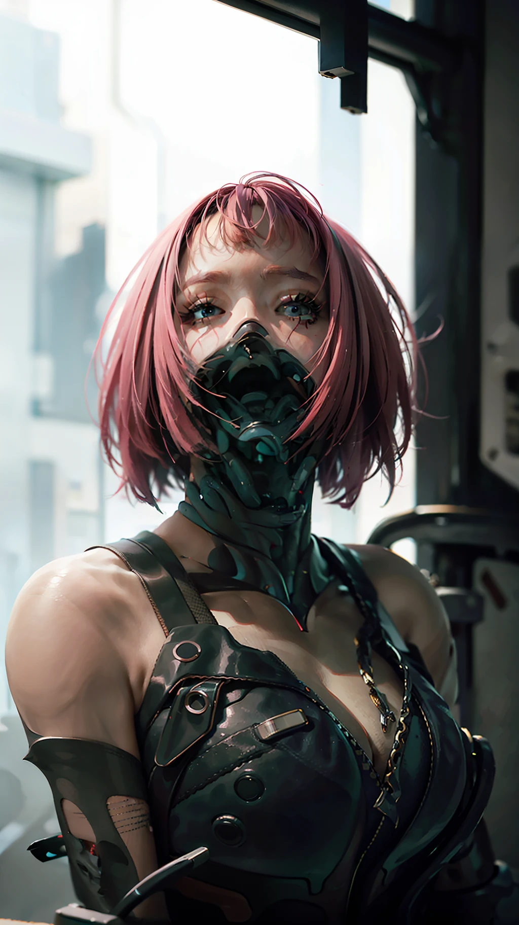 (realistic:1.4), extremely detail, 8k, (cyberpunk city), cybernetic clothes, short hair, shine pink hair color, shine skin, potrait, looking at viewer, fog,