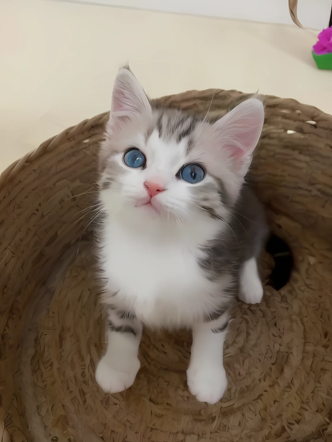 In the basket on the floor was a kitten, a cute little cat, cute furry needs your help, Cute kitten, super cute and friendly, A cute cat, with cute doting eyes, awww, small blue eyes, has two adorable blue eyes, Cute cat, author:Ivan Langer, miniature kitten, cute and friendly eyes, looks surprised, opens his eyes wide