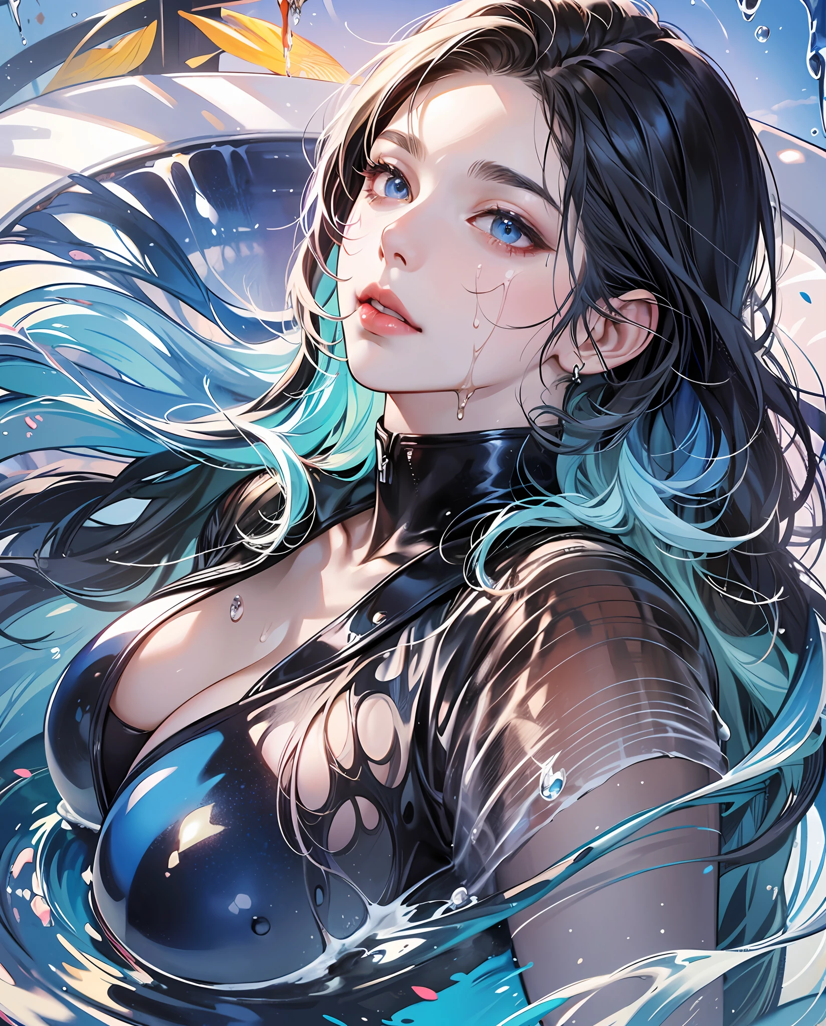 hermaphrodite, twink male body, male short hair, anime, (Photorealism), masterpiece, best quality, portrait, (Japanese KPOP idol:1.2), (realistic beautiful Asian),  close up and soft up to everything,  (plump body), spot light, super pale skin, dark make up, sharp focus, detailed anatomy, ultra-wonderful face detail, (his deep drippy blue colored melting  slime body under the coat), 39 years old, a hot wet erotic blue colored slime super idol, with a ultra-cute face of a Japanese-Korean emo young idol, (ultra-detailed eyes), (ultra-detailed skin), (super melting honey hair), laying in a bath pool full of blue slime, (drippy melting body), hyper huge breasts, super wide wet juicy sexy red lips, soft light, perfect yaoi face, photorealistic, correct fingers, the light is very bright, hypermaximalist style: realistic, photorealism, photography --auto --s2