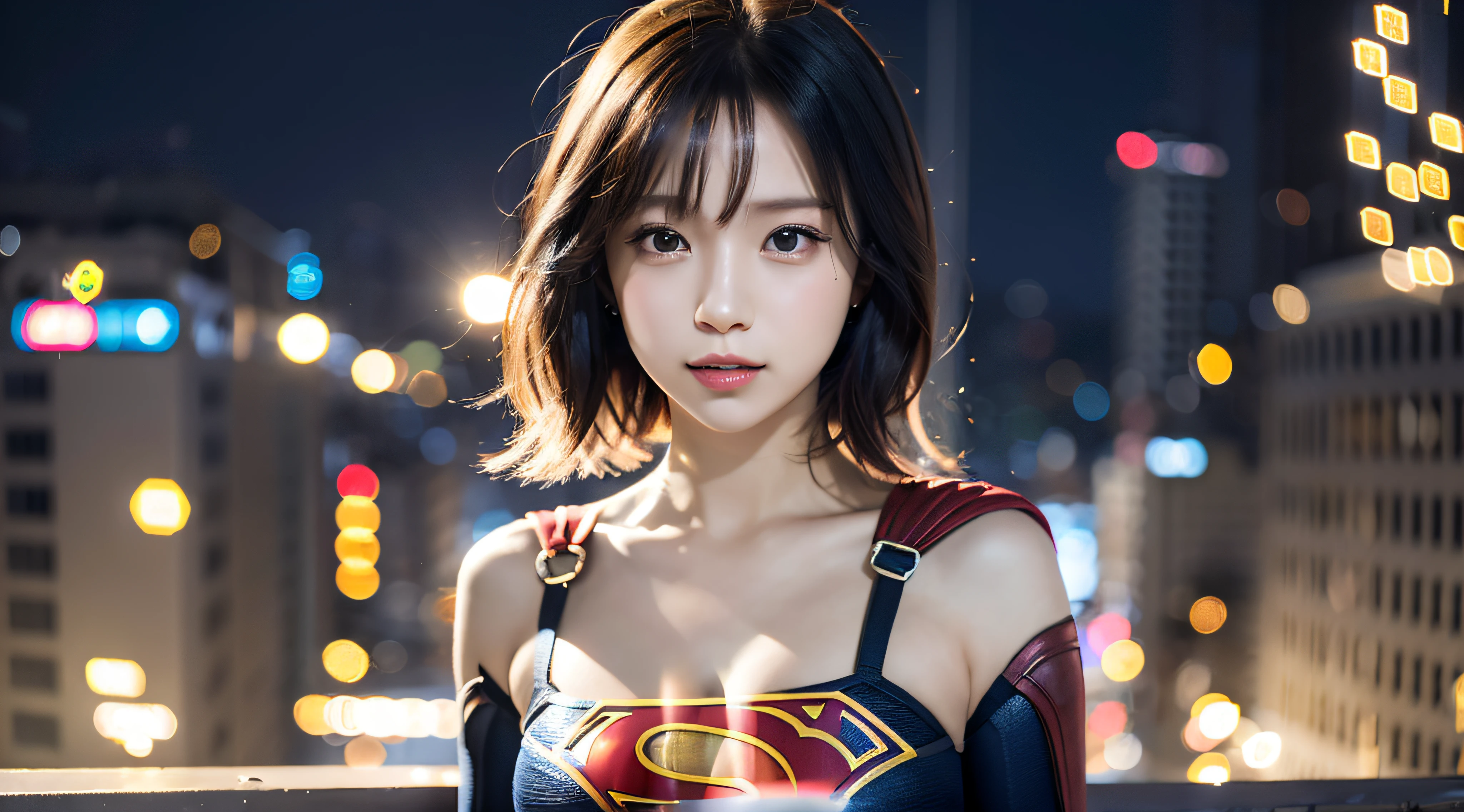 (8K,RAW photos,超高分辨率,best qualtiy,tmasterpiece:1.2),(photorealistic illustration),(Extremely detailed CG unifies 8K, 8K, Diamond, and wallpaper),absurderes, 1个Giant Breast Girl,Marvel,beauitful face,Supergirl,short detailed hair,Whole body diagram,nigth,Rooftop,salama,Bokeh background