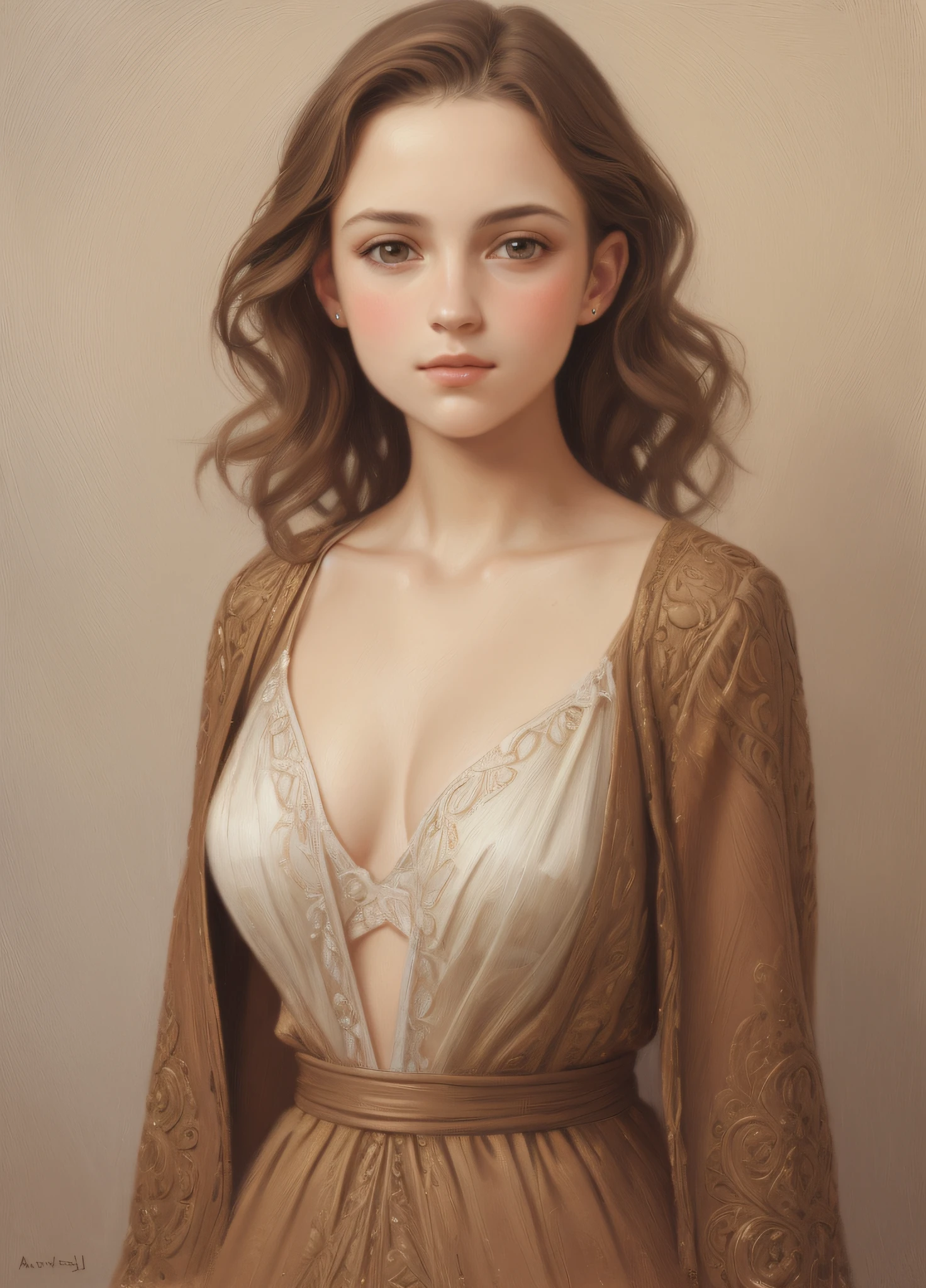 1girl, beautiful age girl, very small breasts, short wavy brown hair, portrait, oil painting, modern, realistic proportions, intricate, intricate details, sharp focus