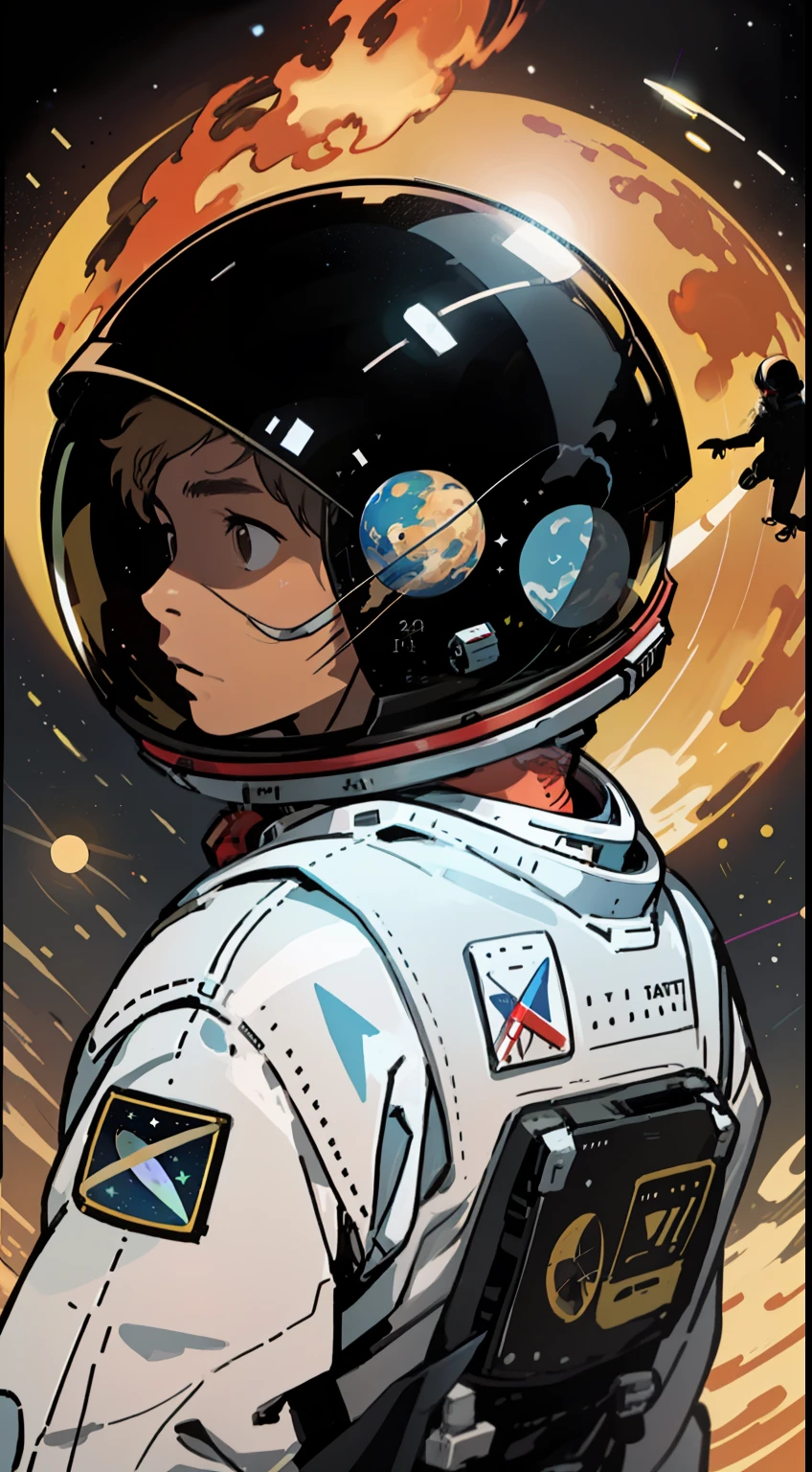 An astronaut turned his back to us,There is a huge planet ahead,The astronaut turned his head