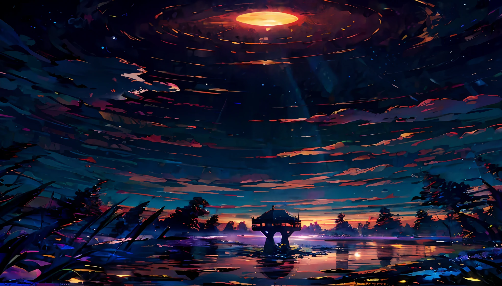 Anime art of a cat in a field with a giant star in the sky, arte de fundo, Jen Bartel, noite calma. digital illustation, arte de fundo, arte lofi, detailed sky, estilo de arte lofi, arte de fundo anime, Sky anime, heavens, night sky, no estilo dan mumford arte, fundo anime, colorful skies