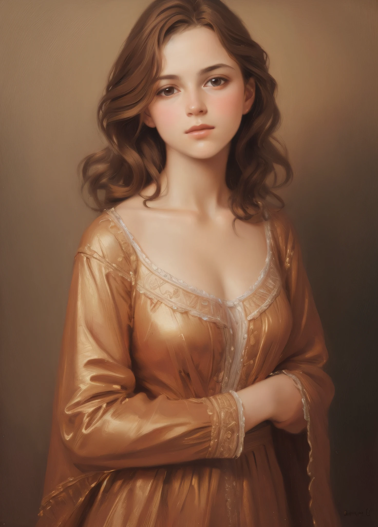 1girl, beautiful teenage girl, very small breasts, short wavy brown hair, portrait, oil painting, modern, realistic proportions, intricate, intricate details, sharp focus