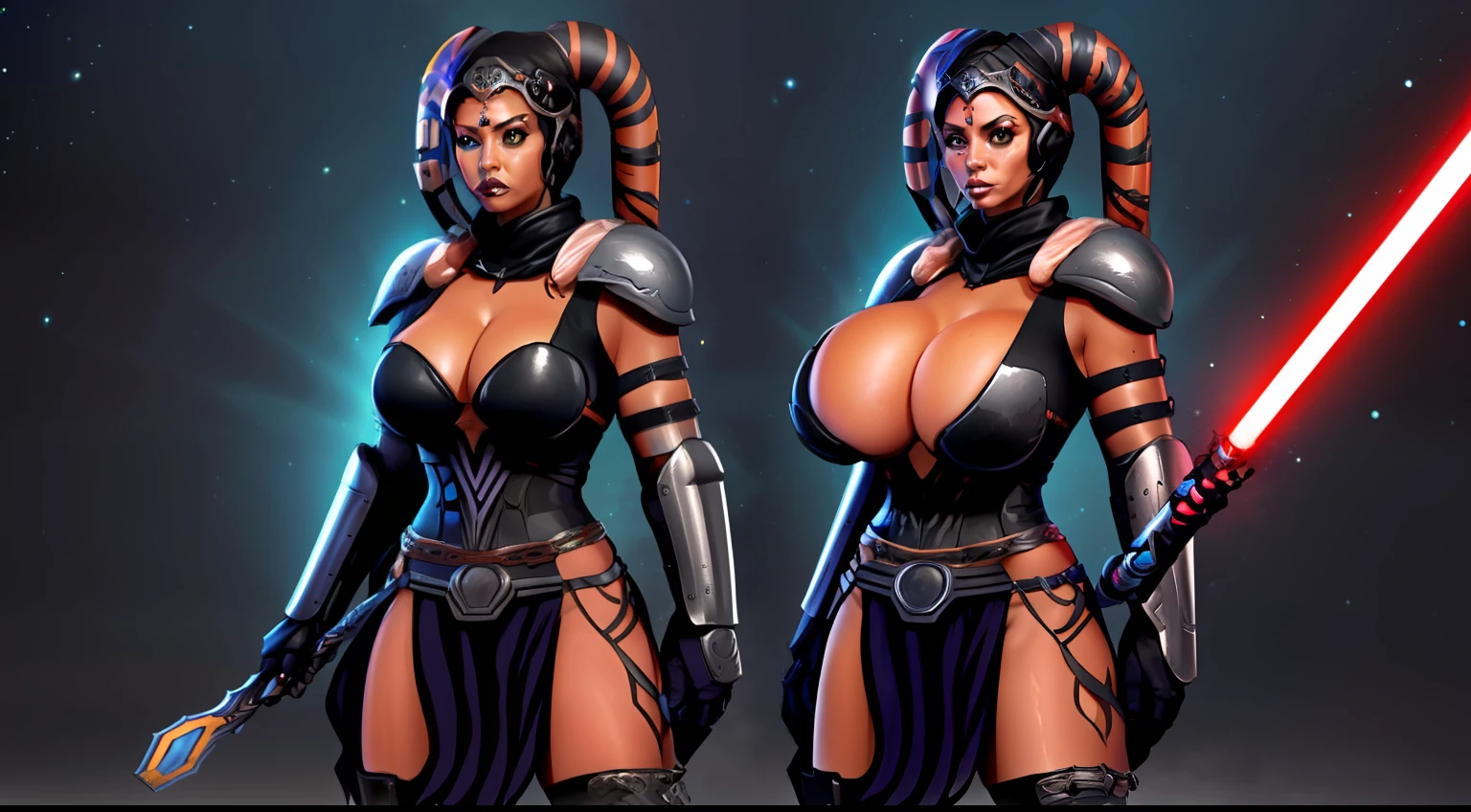 armor, busty, massive tits, gigantic boobs, huge cleavage, ((red skin), twi'lek), dual red lightsabers, evil space knight, space ninja, (wearing heavy black armor, robes, black stealth armor, hip armor, breastplate, tunic, tabard, cowl, cloak, body glove, straps, buckles, skirts, long sleeves, fantasy, ((armor))), ((busty), slender body, thin, slim sexy body, slim waist, (((gigantic breasts)))), Imperial starship, Star Wars, breast expansion