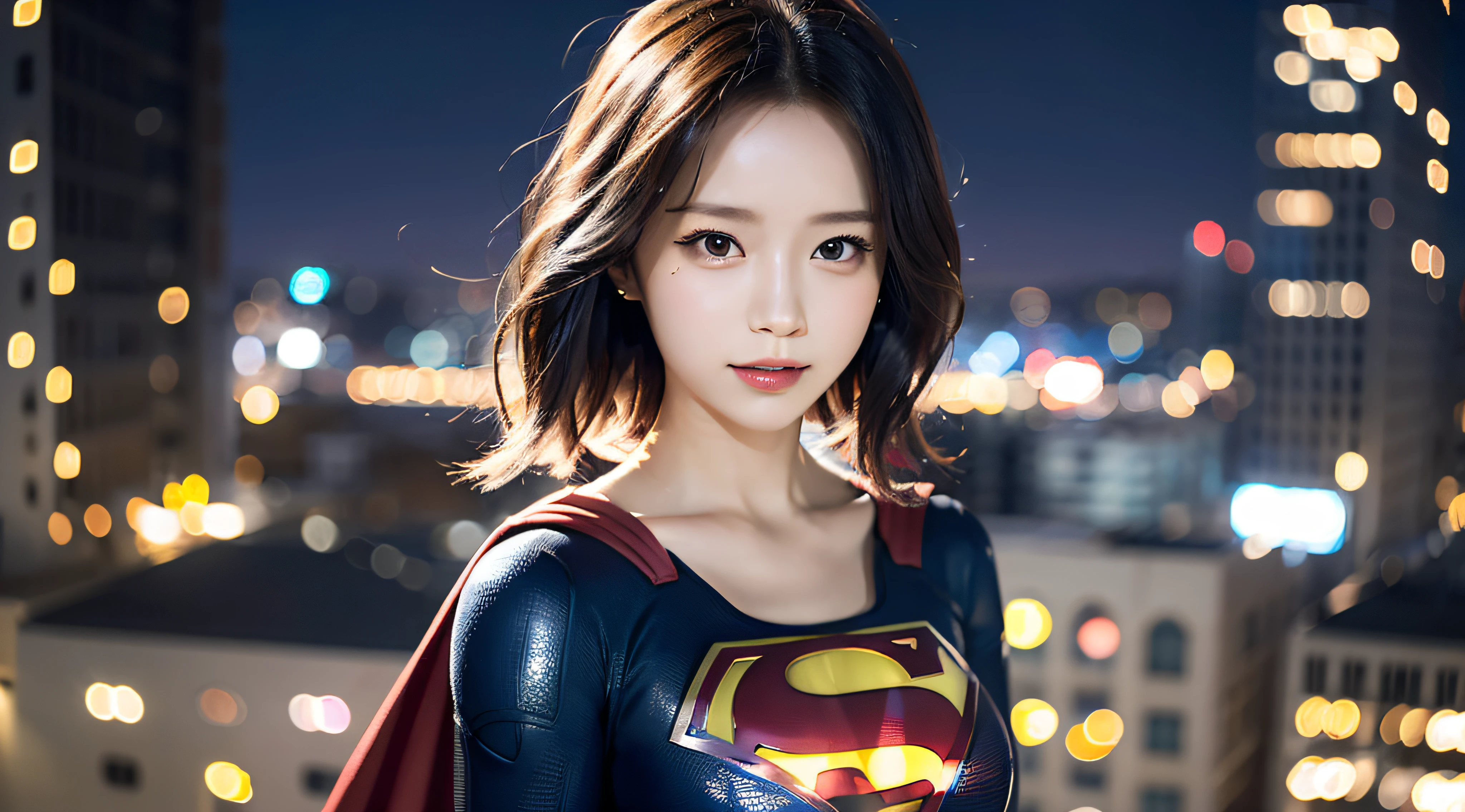 （8K，RAW photos，超高分辨率，best qualtiy，tmasterpiece：1.2），（photorealistic illustration），（Extremely detailed CG unifies 8K, 8K, Diamond, and wallpaper），absurderes， 1个Giant Breast Girl，Marvel，beauitful face，Supergirl，short detailed hair，Whole body diagram，nigth，Rooftop，salama，Bokeh background