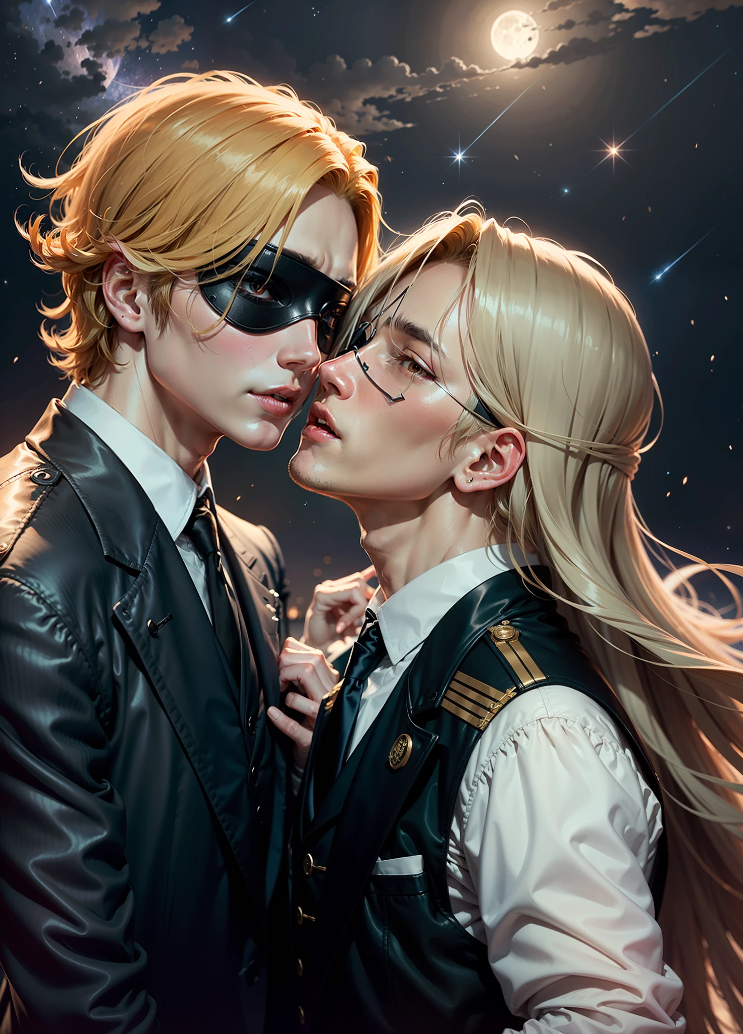 Chuuya Nakahara from bungou stray dogs kissing a tall blonde MAN who has an eye patch on his face Background moonlit sky with shooting stars
