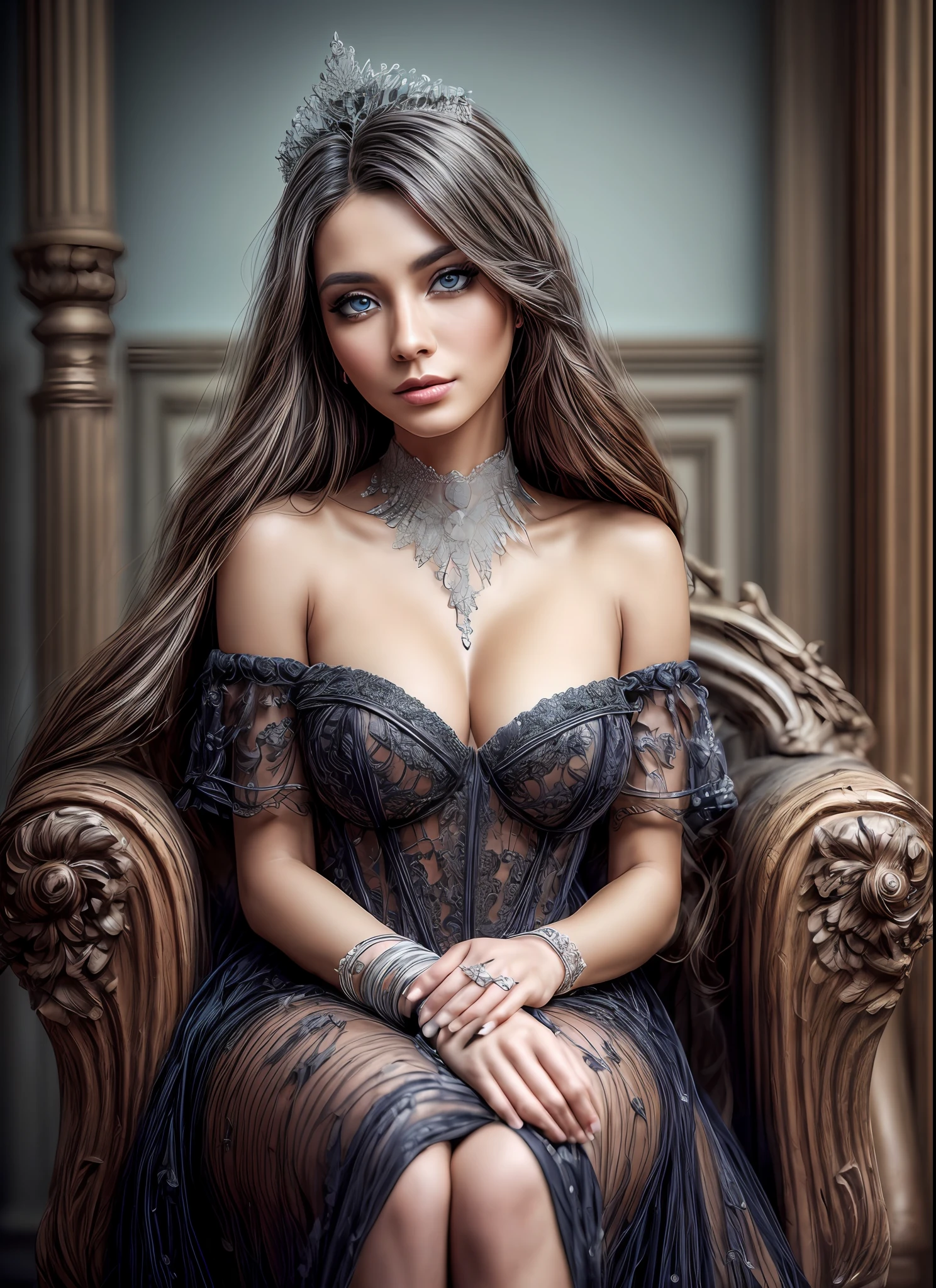 A princess in a long black silk dress with intricate sowing designs, soft blue eyes and an eligant black crown, heavy eye shadow, eye liner, sinister smile, sitting on a throne of bones, eerie, Smokey, (RAW, analogue, Nikon Z 14mm ultra-wide angle lens, award-winning glamour photograph, ((best quality)), ((masterpiece)), ((realistic)), tessellation, ambient occlusion, ray-tracing, subsurface scattering, radiant light rays, high-res, detailed facial features, high detail, sharp focus, smooth, aesthetic, extremely detailed, (extremely detailed eyes, extremely detailed iris), extremely detailed hair, extremely detailed skin, extremely detailed clothes, octane render, photorealistic, realistic, post-processing, max detail, realistic shadows, roughness, natural skin texture, real life, ultra-realistic, photorealism, photography, 8k UHD, photography, hdr, intricate, elegant, highly detailed, sharp focus, stunning, beautiful, gorgeous), 8k, intricate, elegant, highly detailed, majestic, digital photography, (masterpiece, sidelighting, finely detailed beautiful eyes: 1.2), HDR, wide angle camera, full portrait, full body