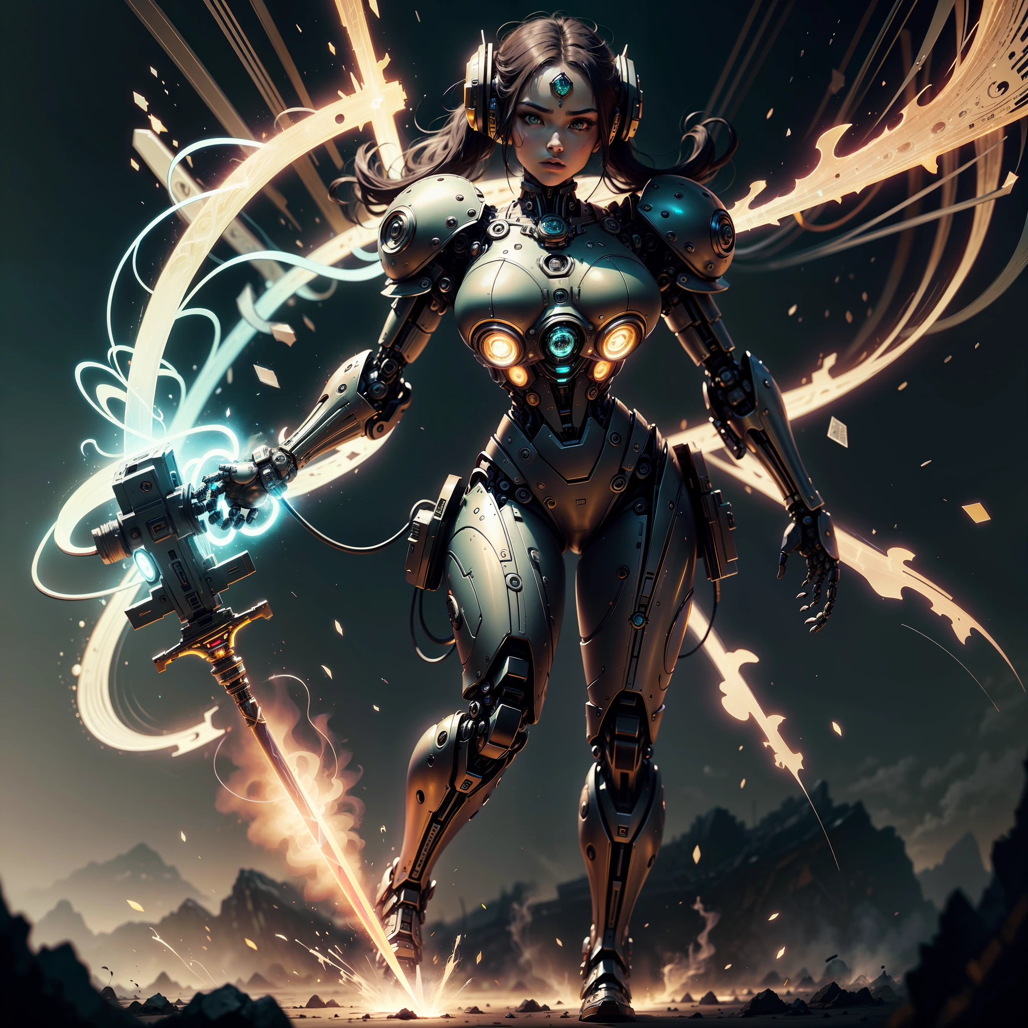 Whole body. Game Anime Characters. Naughty Beautiful Girl, Full Body Anime, Beautiful African national costume, Holding a sword. goggles, Very beautiful face. Sporty,Realistic big coins,Robot hand with realistic rainbow green diamond, Large iridescent diamond in the middle, highres photograph,Realistic High Quality, Steampunk Aztec futuristic robot head,Only the hands of a mechanical robot, Shining, hightquality, ISO 200 Shutter Speed 2000, in 8K --auto