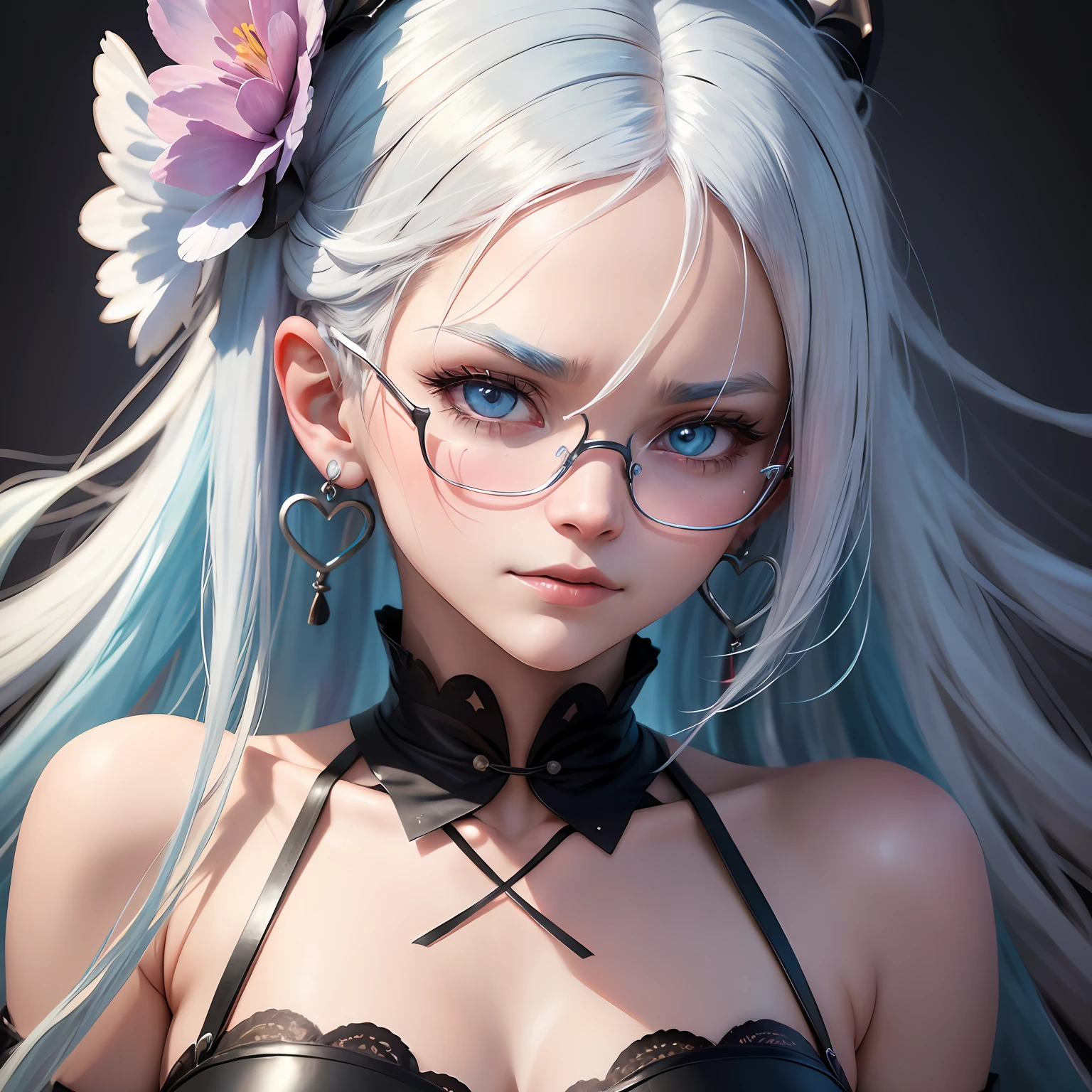 white hair, light blue hair, streaked hair, long hair, hair bobbles, over-rim eyewear, black hairband, flower on head, heart-shaped pupils, furrowed brow, heterochromia, heart earrings, blush, shy, smirk, doyagao, anime, cinematic lighting, motion blur, chromatic aberration, sparkle, chiaroscuro, textured skin, super detail, high quality, best quality, highres,Look up --auto
