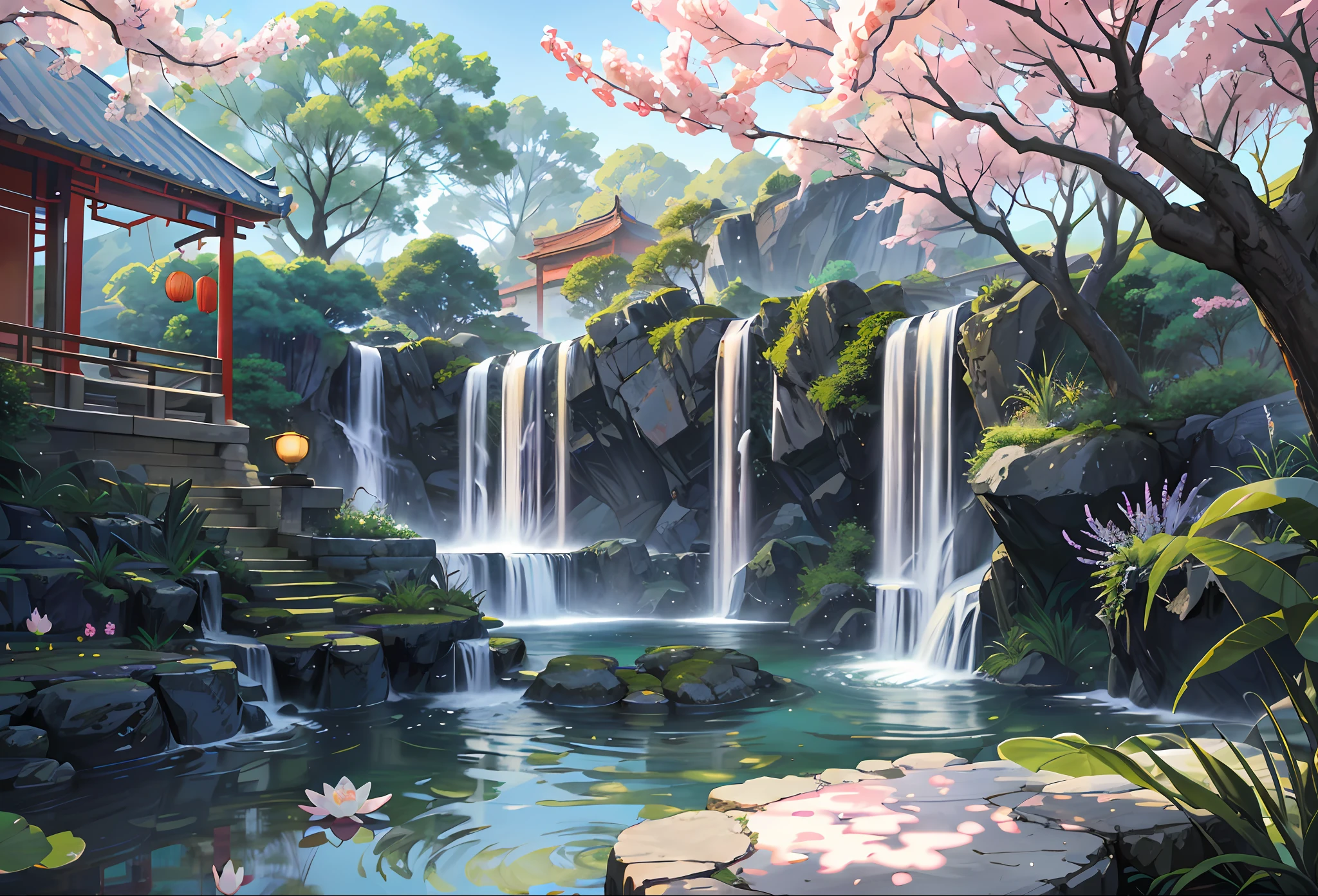 A painting of a waterfall and a pagoda in a japanese garden - SeaArt AI