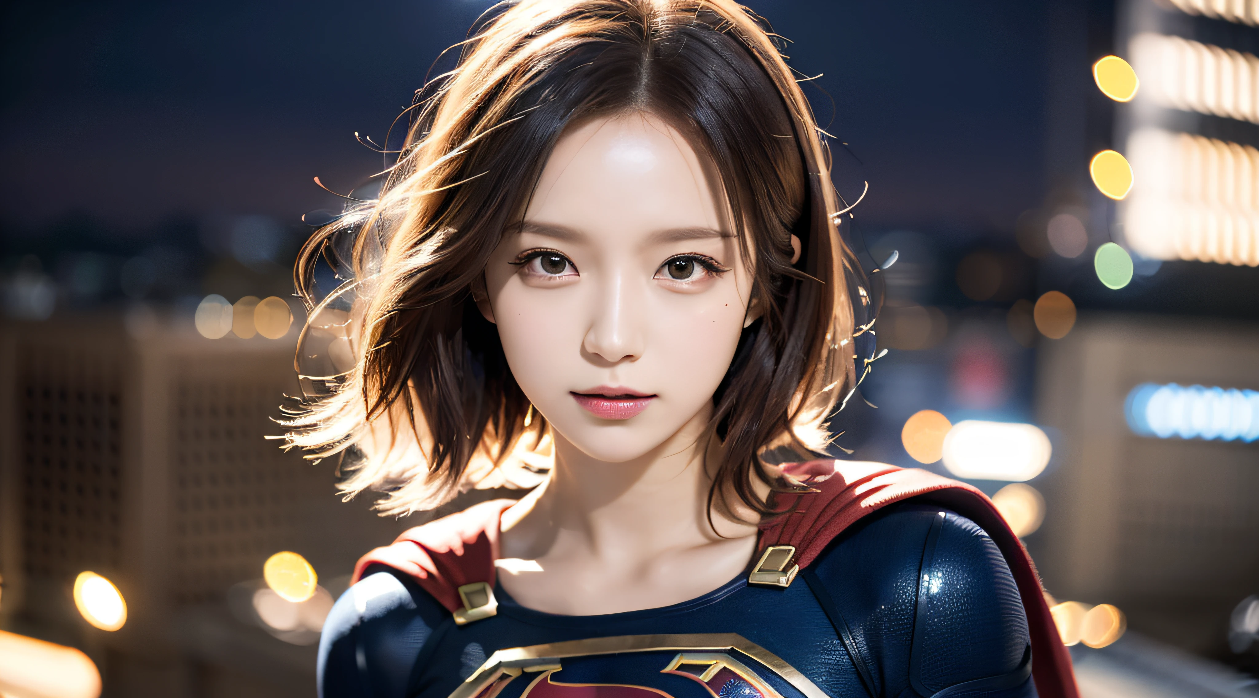（8K，RAW photos，超高分辨率，best qualtiy，tmasterpiece：1.2），（photorealistic illustration），（Extremely detailed CG unifies 8K, 8K, Diamond, and wallpaper），absurderes， 1个Giant Breast Girl，Marvel，beauitful face，Supergirl，short detailed hair，Whole body diagram，nigth，Rooftop，salama，Bokeh background