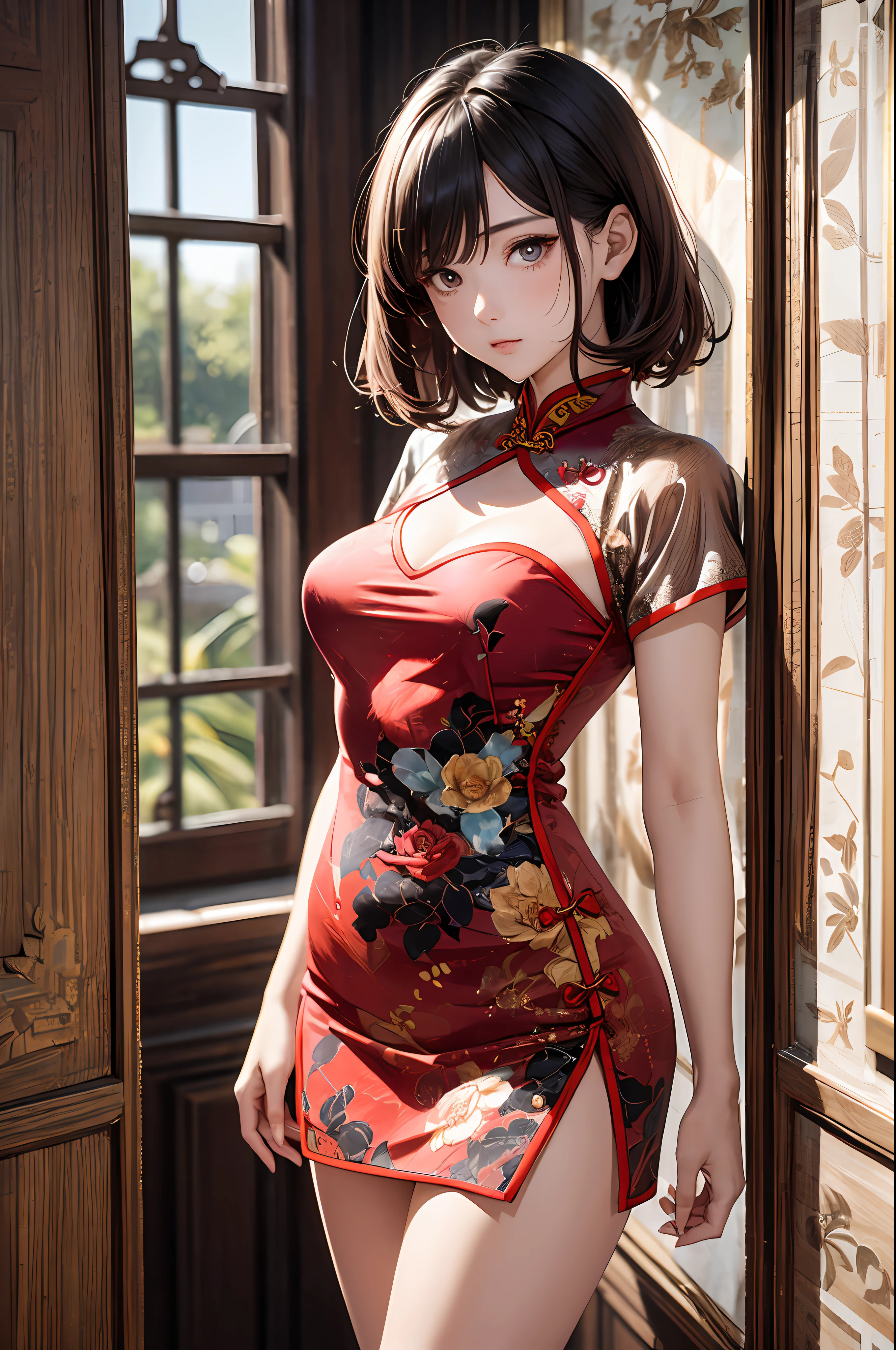 1girl in, (((shorth hair))), Bright cheongsam, Longer dress、(​masterpiece, top-quality, Near and far law), beautiful expression, 8K, Raw foto, nffsw, Photorealsitic, film grains, chromatic abberation, hight resolution, ultra-detailliert, finely detail, 动态照明, Dramatic Lighting、shadowy、extremely detailed eye and face、Round pupils、Beautiful legs、Beautiful feet、Standing、Luxurious room