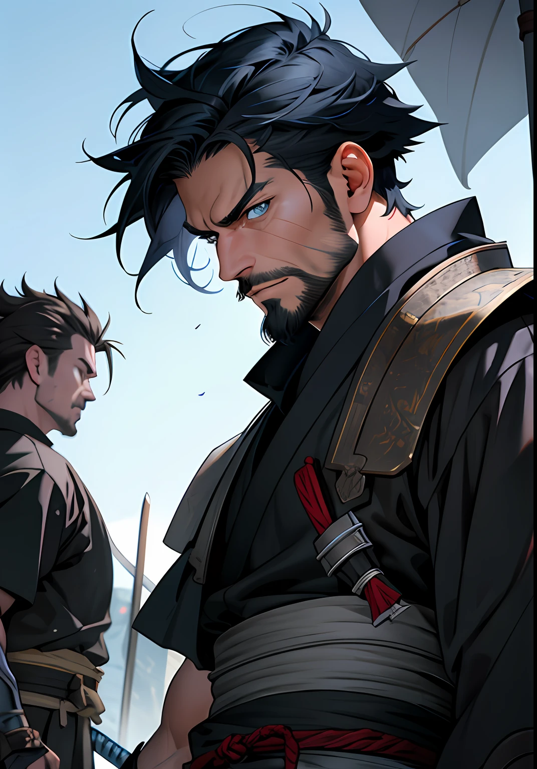 (masterpiece, best quality), 1man, musculous, with short black hair,sbeard，The expression is kind and kind，blue color eyes，复杂, Takekan, full bodyesbian,Samurai with swords, vivd colour,(depth of fields:1.2),(abs)