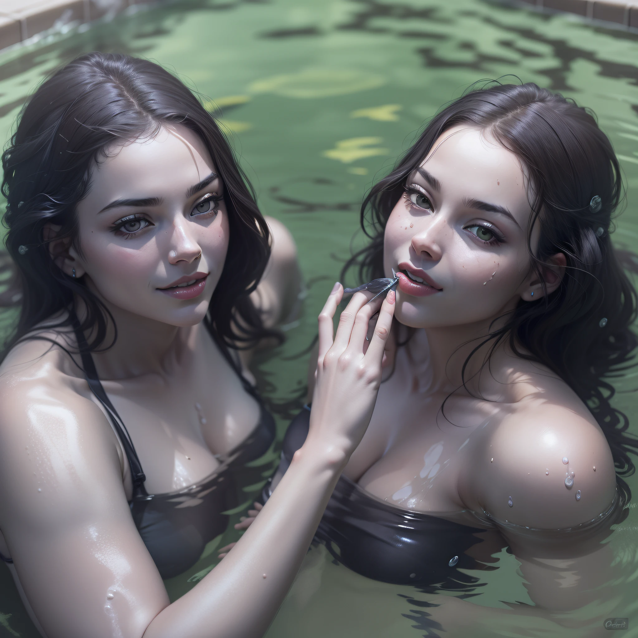 duas mulheres brincando em uma piscina inflavel, com tinta, em pose sensual, crie personagens diferentes em cenas diferentes