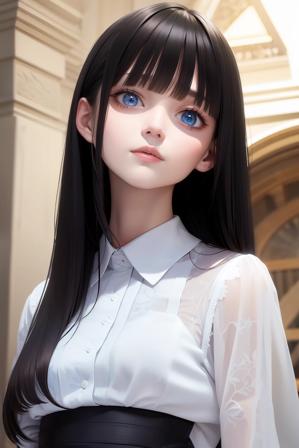 best quality, masterpiece, black hair, blue eyes, looking up, upper body