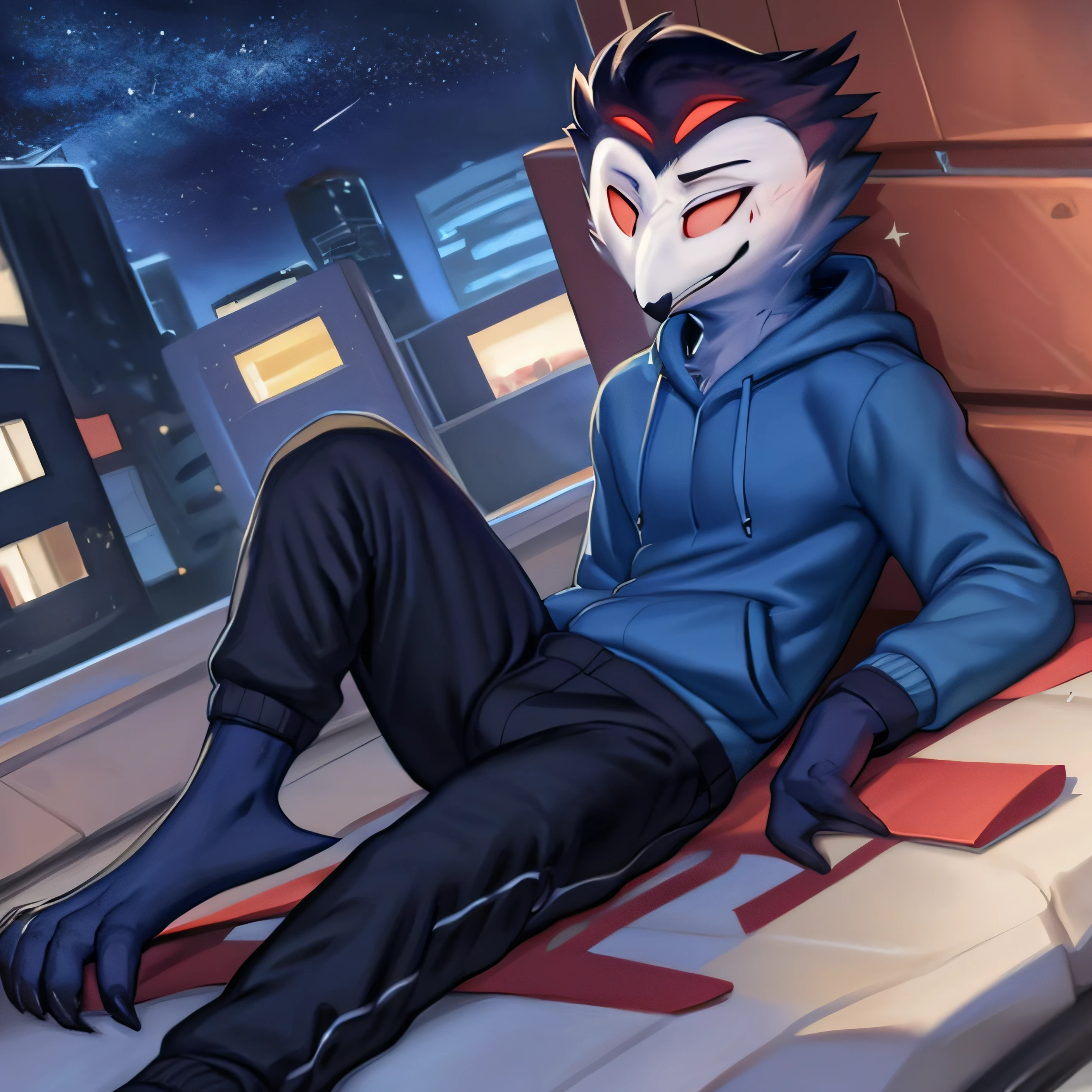 by zackary911, by chunie, (by meesh:1.2), by kiyosan, by sigma, ((masterpiece)), ((8k quality)), (no watermark),  stolas, male, laying down, outside detailed background, (solo:1.4), clothing, hoodie, sweatpants, Night, Looking at the stars,