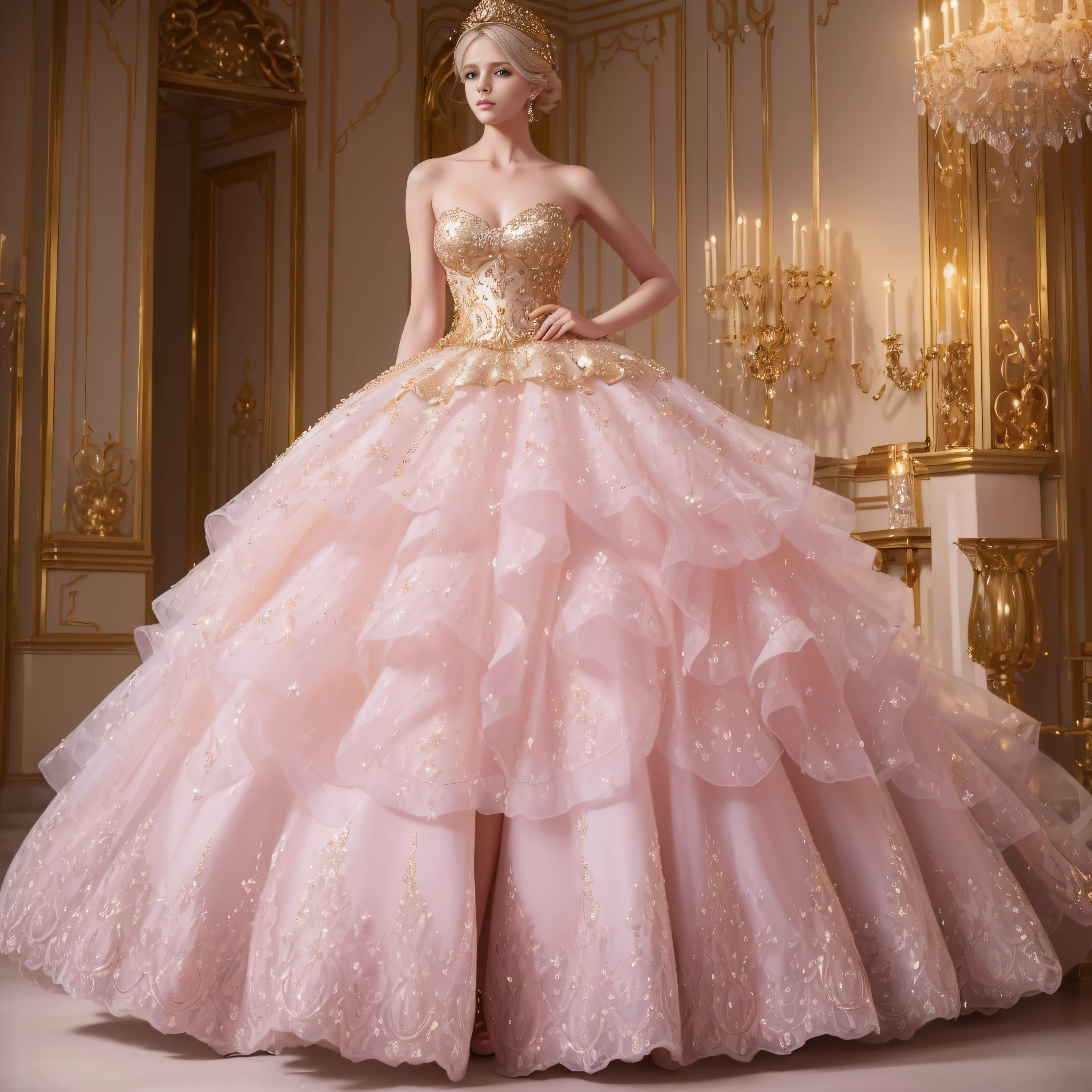 a hyper realistic photograph of a girl standing wearing a majestic light beige and gold ball gown dress, big beautiful dress, intricate puffy ball gown with lots of ruffles and rhinestones (Best quality, masterpiece, ArtStation, Fantasy Art:1.2), a palace room, a beautiful cute girl, (long white hair:1.1), (intricate short gold skirt, bare legs:1.2, full body shot)