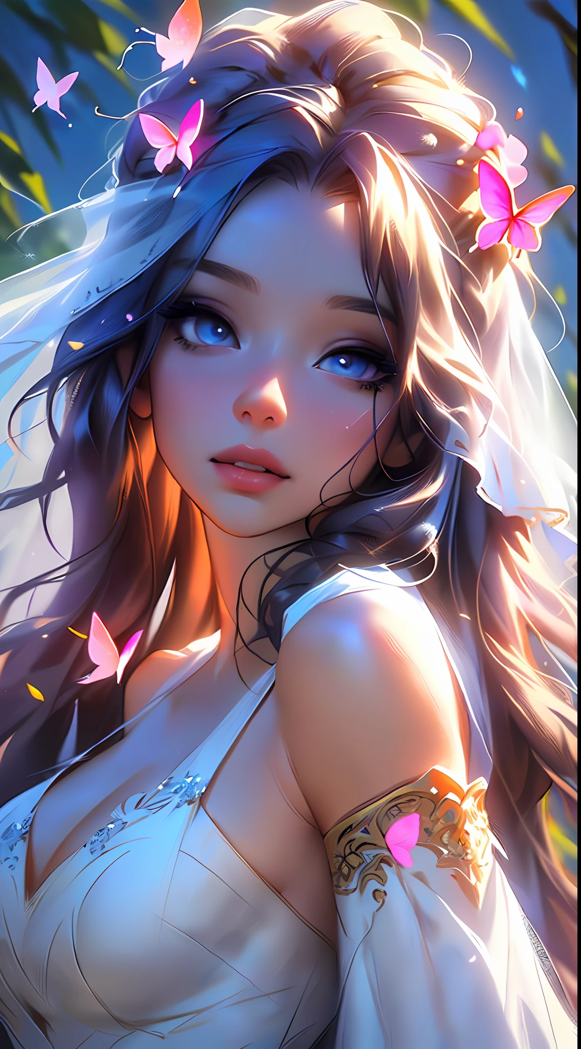 The colors in this image are soft and draw inspiration from gentle watercolors and should be (primarily pink and purple). Generate a delicate and tranquil flower maiden with soft hair dancing in the wind and intricately braided. Her sweet, gentle face has puffy, big lips and stunning, highly realistic eyes. She has beautiful eyes, hires eyes, 8k eyes, beautiful detail eyes, beautiful detailed eyes, realistically shaded eyes, and realistic eyes in vibrant colors. ((She is wearing a delicate wedding dress of gossamer silk and satin.)) She is surrounded by ethereal flowers of varying sizes and colors. The background is wild and unruly, with delicate flowers dancing in the wind and creating a dynamic and compelling image. A flowered headdress adorns her head and soft petals fall around her. The flowers in this artwork are realistic and very detailed and come in different shapes and sizes, some with iridescence and others with varying shades of pink and blue. Include a soft watercolor sky. Include realistic hair and skin texture. Include fantasy details, enhanced details, colorful glittering wind, and pollen. ((Pay special attention to her face and make sure it is beautifully and realistically detailed.)) (((((The image should be dreamy and ethereal.))))) Include intricate fantasy details. 8k, intricate, elegant, highly detailed, majestic, digital photography, art by artgerm and ruan jia and greg rutkowski surreal painting pearl butterfly filigree, flower petals, (masterpiece, finely detailed beautiful eyes: 1.2), hdr, realistic skin texture, ((ornate)), ((intricate)), ((fantasy00d:1.2)), rays of light, (add details), (((highly detailed butterflies))), translucent butterflies, ornate flowers, dew drops, sunlight, rays of sun, ((((sweet, virgin, pure)))). A soft pink haze should emphasize this artwork's dreamy etherealness.