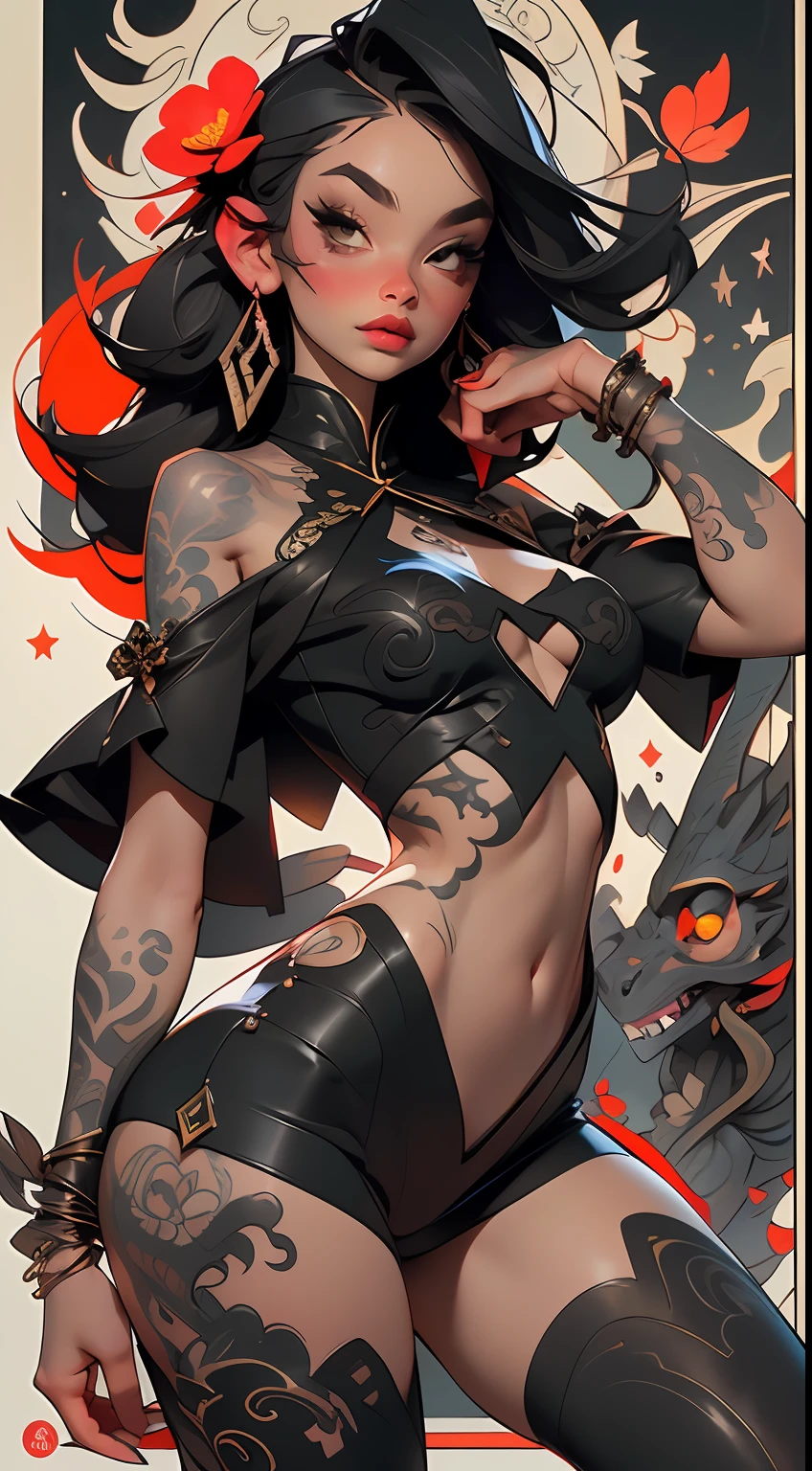 ((Melhor Qualidade)), ((Obra-Prima)), ((Realidade)) and a hyper-detailed photograph with a goth girl. Ela tem ((cabelo vermelho fogoso)), usa um vestido preto ao lado de flores flutuantes, chamas, bruxas negras, exala uma atmosfera ((bonita e bonita)), seios grandes, sexy, red skin on the arms, ramo de flores negras, (zentangle:1.2), (Geometrical:1.2), colorful, corpo inteiro, pose sexy, roupas curtas, dragon tattoo, estrelas, quase nua, musculosa, corpo perfeito, ornamentos vietnamita