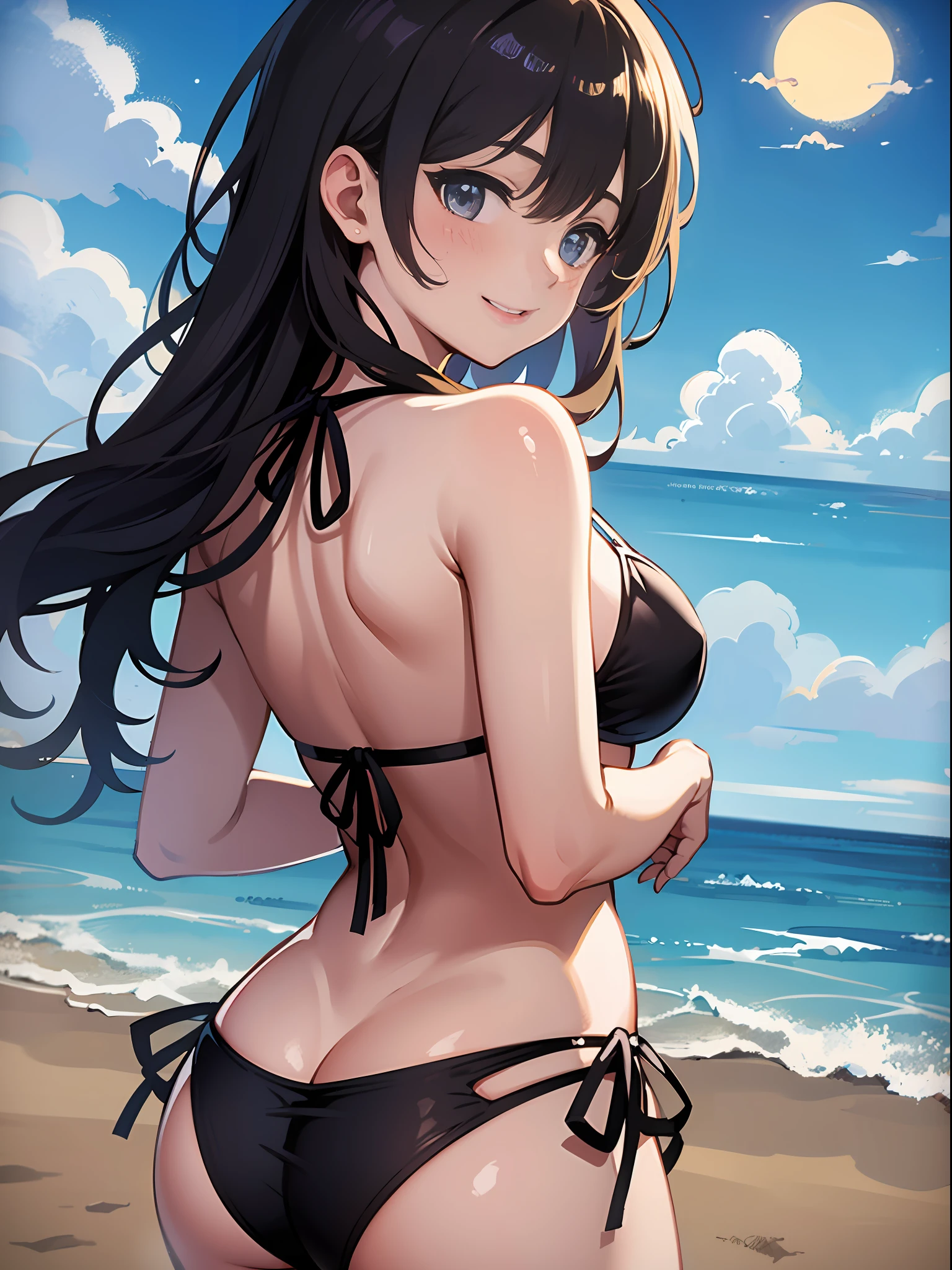 masterpiece、ultra-quality、ultra-detailliert、Perfect drawing、独奏、girl with、Swimsuit:((pretty bikini))、Round and cute buttocks、((bulging bust top))、red blush:(0.2)、perspiring、{{{sun burn:(1.5)}}}、A smile、18year old、blue-sky、cumulonimbus clouds、glowing sun、shores、sand beach、Shot from diagonally below the back、bustup、beatiful backgrounds、Accurate drawing、Detailed drawing