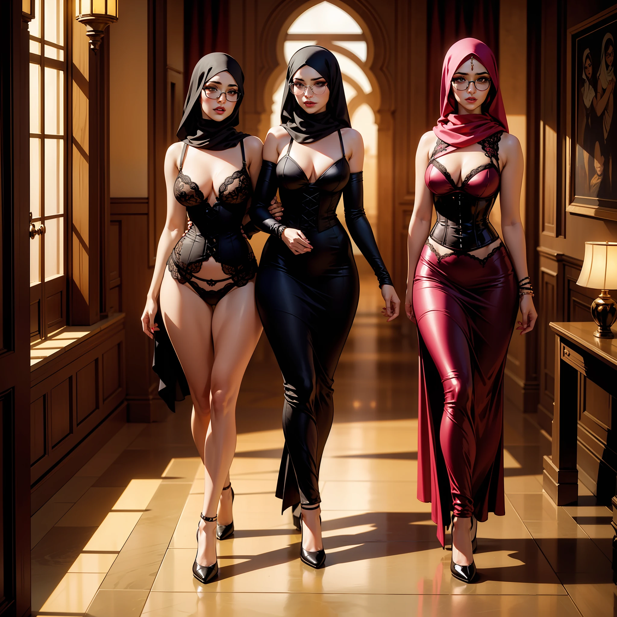 "2girls, graceful arabic women, wearing sexy glasses, modest muslims, elegantly dressed in hijab, delicate lingerie, alluring corset, posing in a luxurious bedroom, flawless makeup, captivating curves, breathtaking beauty, walking in marakesh streets, cute, cinematic lighting, full body, elegantl walk, dramatic lighting, cinematic"