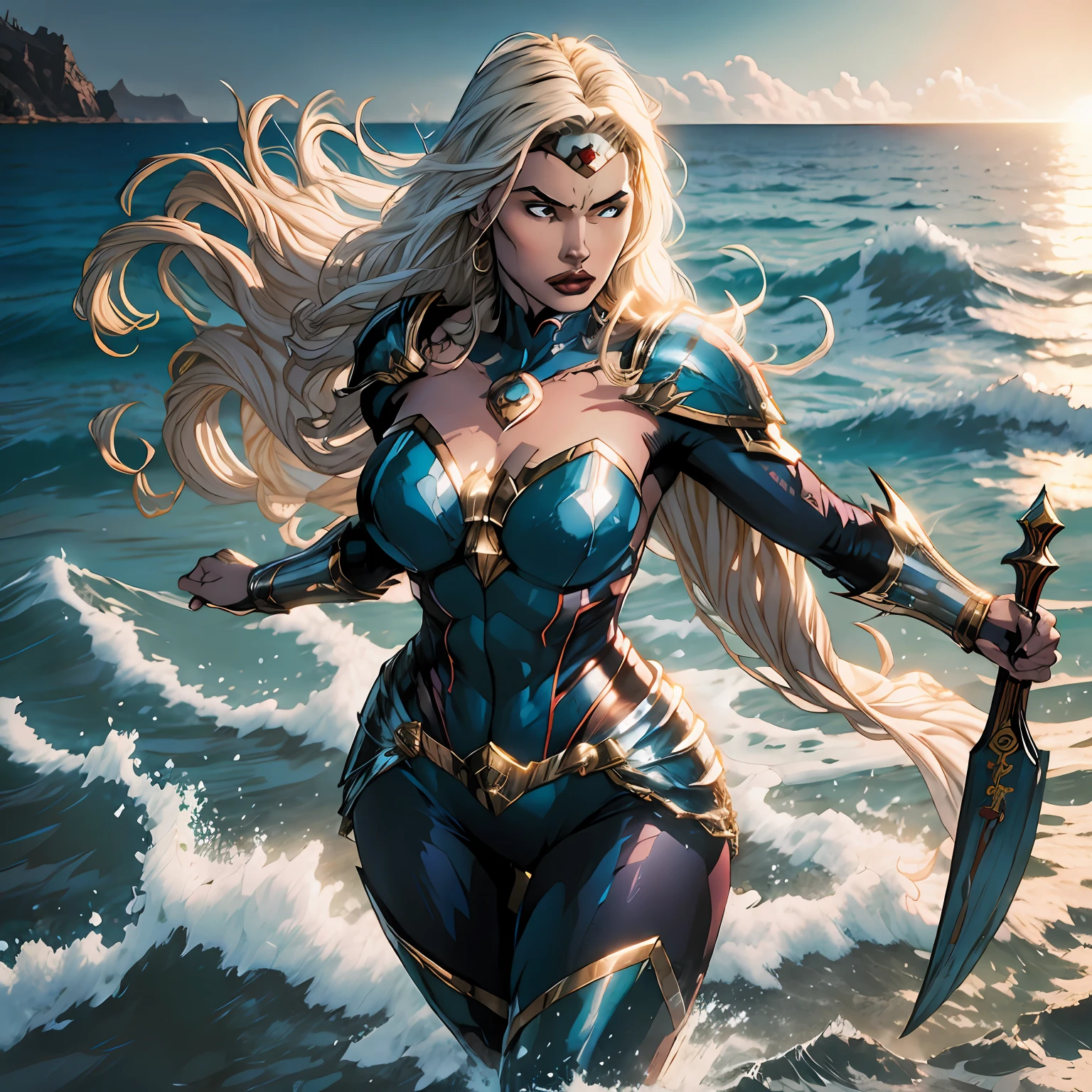 Woman superheroine queen of the oceans, mulher musculosa, vestindo uma armadura pesada azul, cabelo branco, pele negra, pele marrom, poderosa, olhar confiante, muscular athletic woman, deusa antiga, deusa dos oceanos, divindade moderna, personagem 2d, estilo quadrinhos