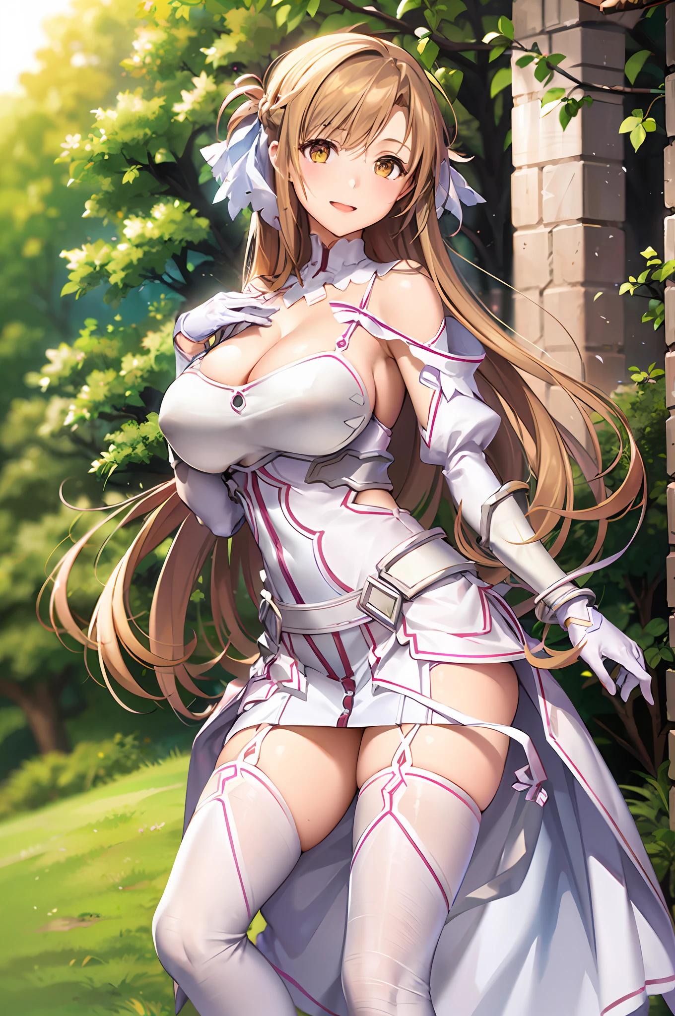 stacia, asuna, asuna_\(sao\), 1girl, (sexy pose:1.2), fantasy, highres, original, realistic, expressive eyes, (excite), scenery, close_up, upper_body, (standing on a grass), smiling, solo, (potruding nipple:1.2), long hair, (huge breasts:1.0), looking at viewer, smile, open mouth, bangs ,detailed eyes, beautiful background, (on the forrest), hands on the chest, orange hair, thighhighs, gloves, dress, (cleavage:1.4), (grab tits:1.6), bare shoulders, brown eyes, very long hair, (full body:1.5), white gloves, white dress, (open chest:1.5), armor, white thighhighs, garter straps, breeze, white armor, abec