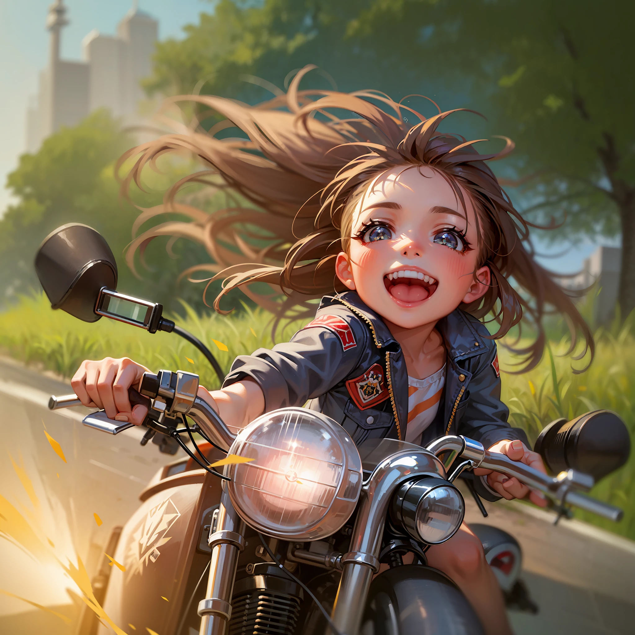 Little girl on a motorcycle, Energetic, Confident and bright smile, Long hair fluttering in the breeze, Sparkling eyes under the scorching sun.